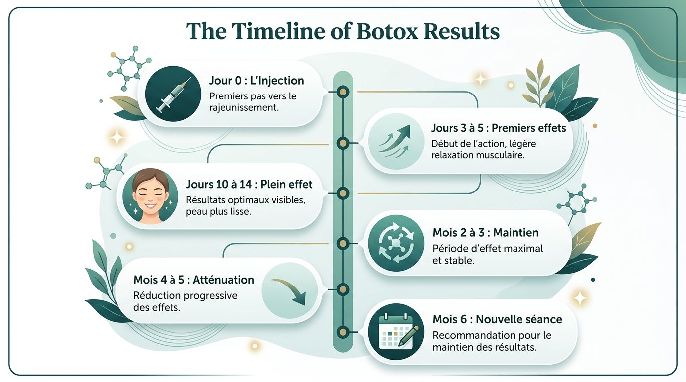 Infographie illustrant la chronologie des résultats d'un traitement au Botox, du jour de l'injection au sixième mois.