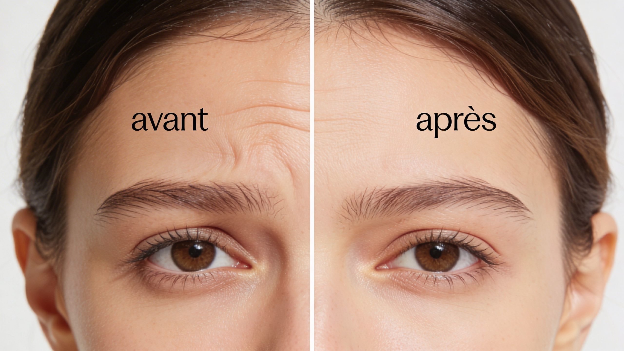 Comparaison montrant le visage d'une femme avant et après un traitement esthétique contre les rides du front.