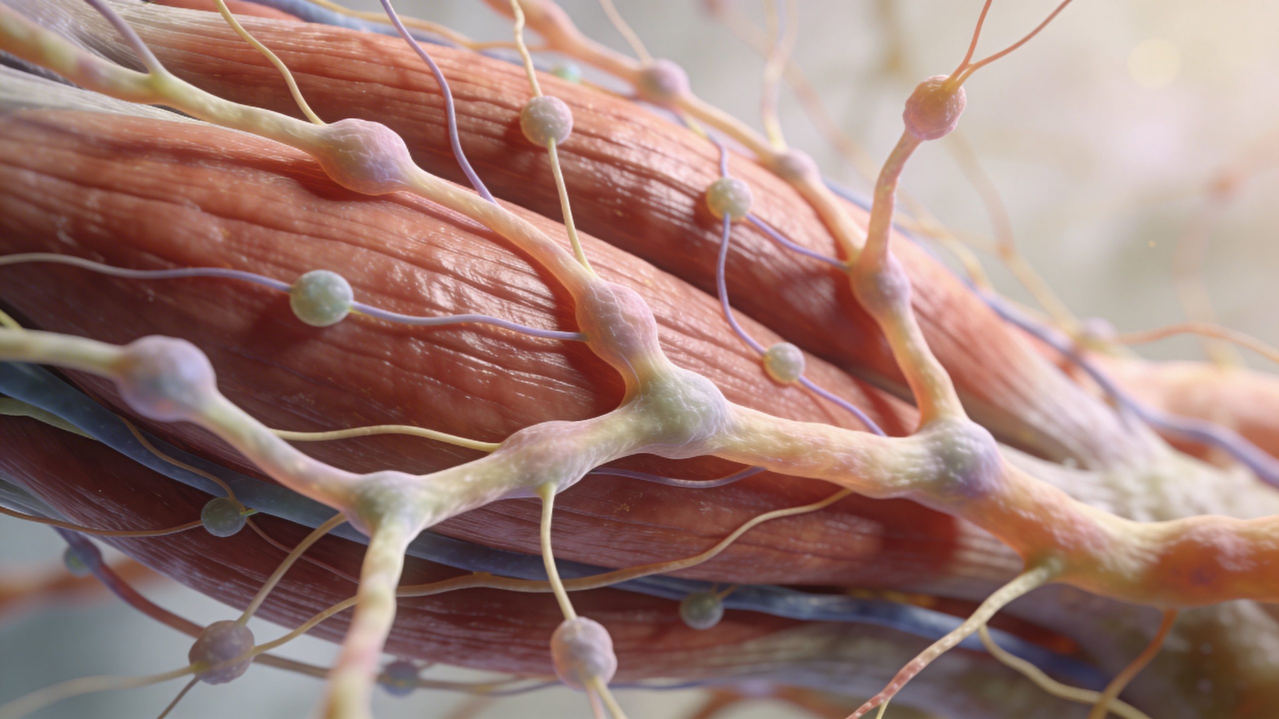 Représentation 3D détaillée de fibres musculaires avec des terminaisons nerveuses et des récepteurs synaptiques en gros plan