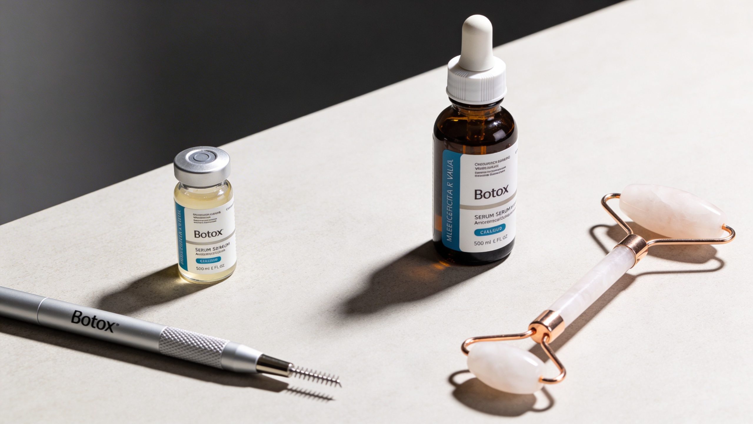 Produits de soin de la peau de la marque Botox avec un rouleau de massage pour le visage.