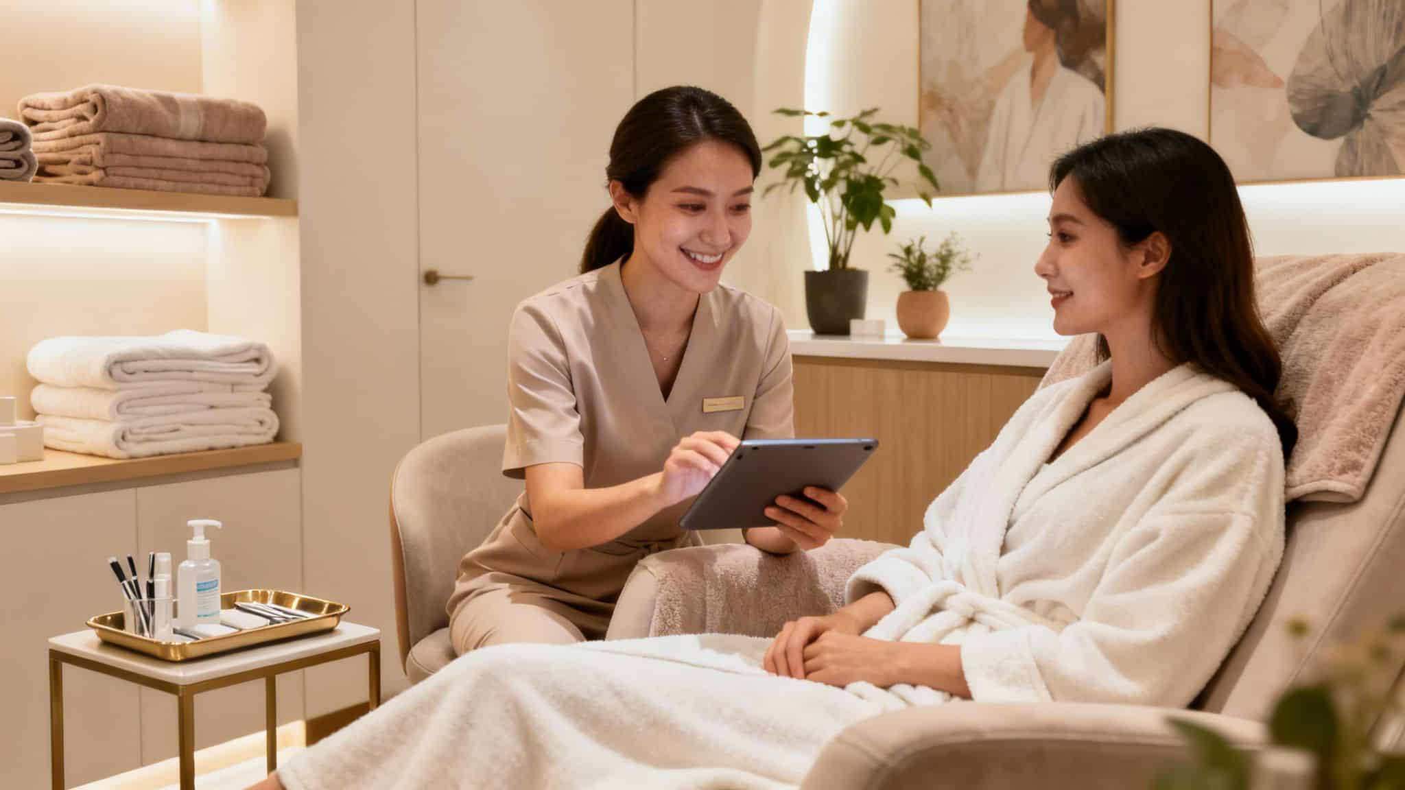 Une esthéticienne souriante montre une tablette à une cliente en peignoir dans un institut de soins moderne.