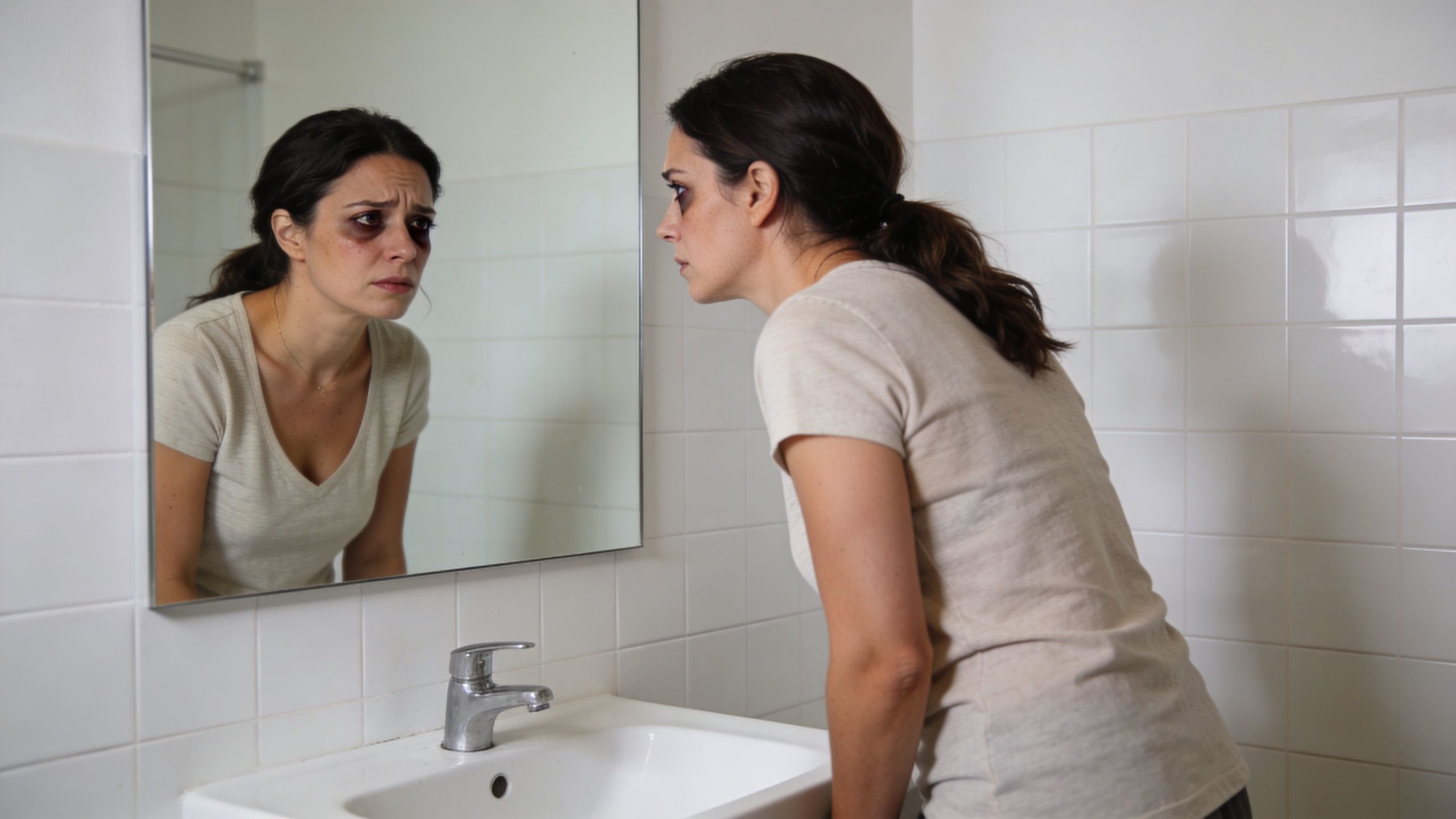 Une femme triste se regarde dans le miroir de la salle de bain avec des cernes marqués.