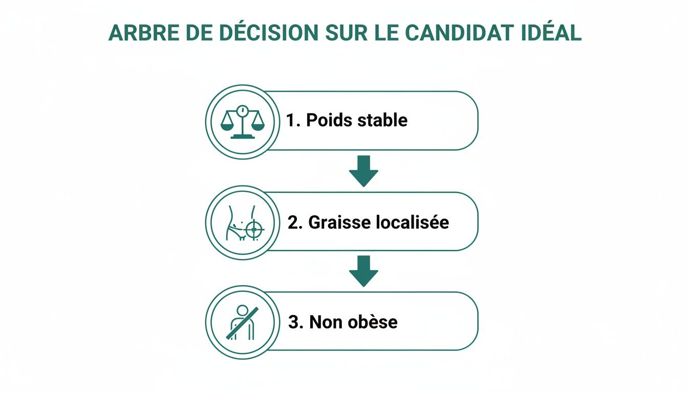 Arbre de décision sur le candidat idéal, affichant les critères : poids stable, graisse localisée et non obèse.