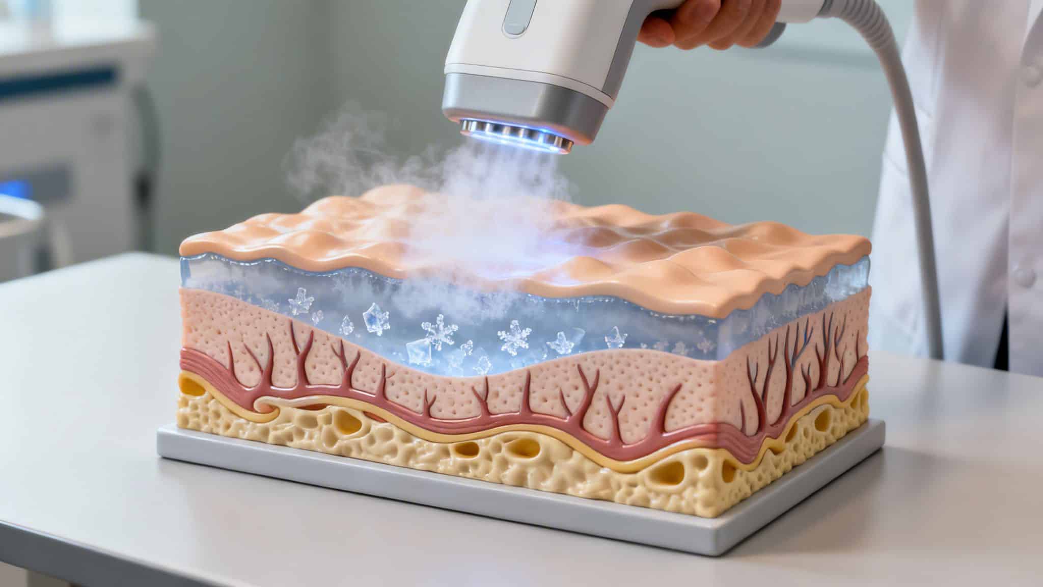 Modèle de peau montrant une couche traitée par un appareil de cryolipolyse, avec des cristaux de glace et de la vapeur froide.