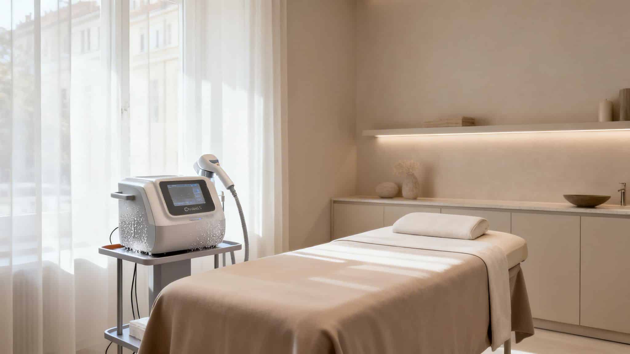 Salle de traitement moderne et apaisante avec machine de cryolipolyse et lit de massage prêt.