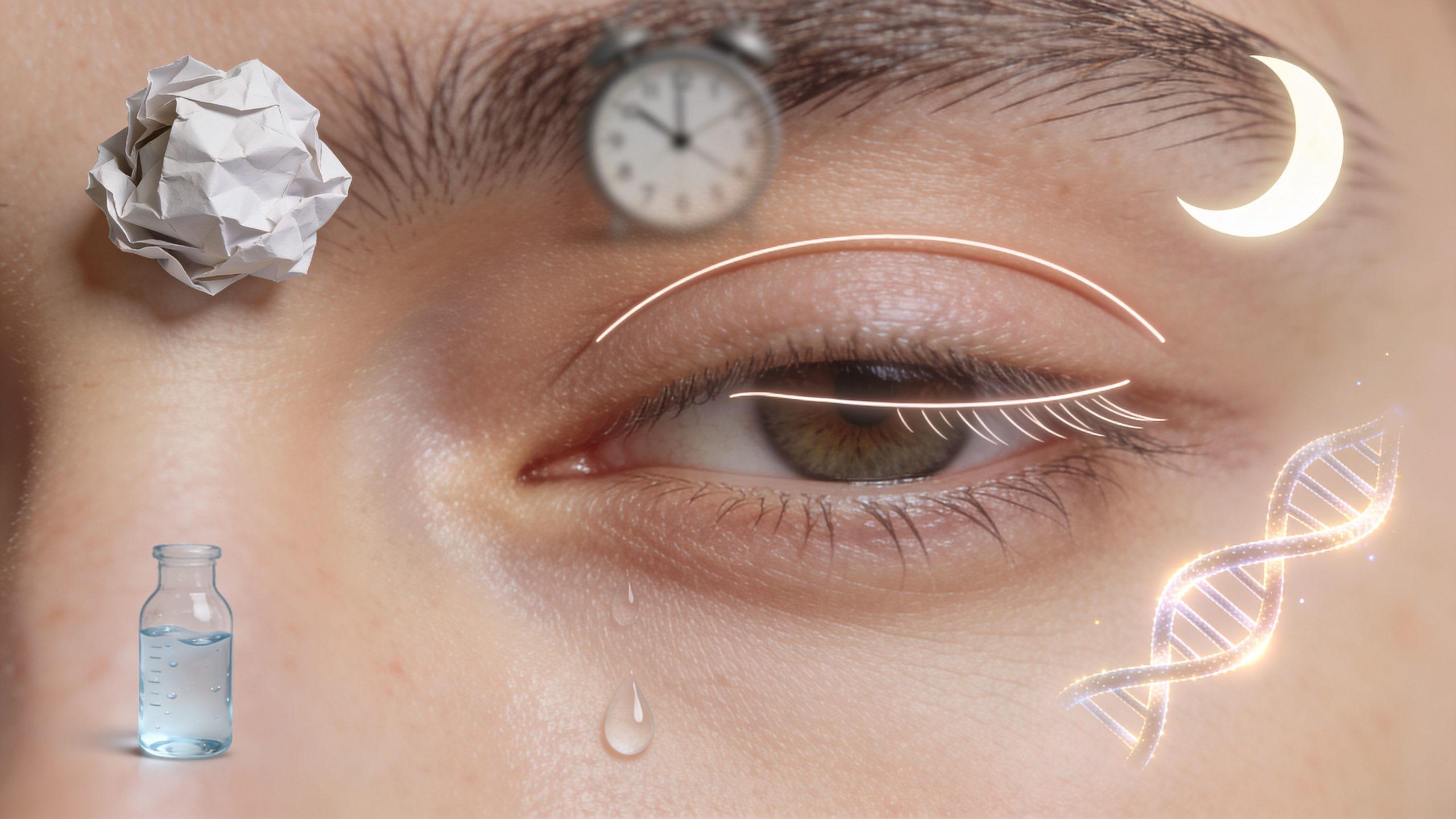 Gros plan sur un œil humain avec des icônes symbolisant la fatigue, la génétique et les soins cosmétiques.