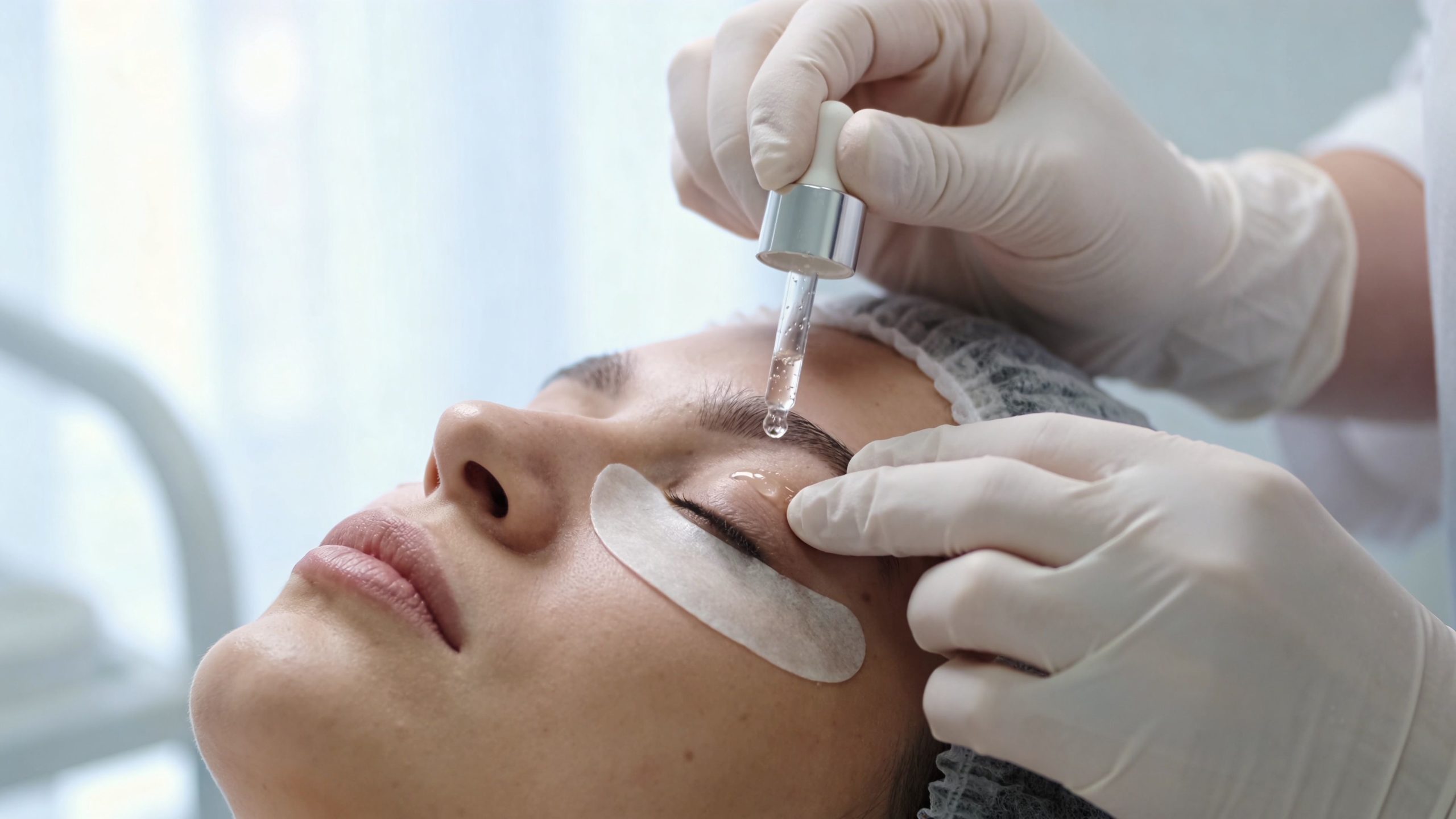 Une esthéticienne applique un sérum sur les paupières d'une cliente allongée lors d'un soin professionnel.