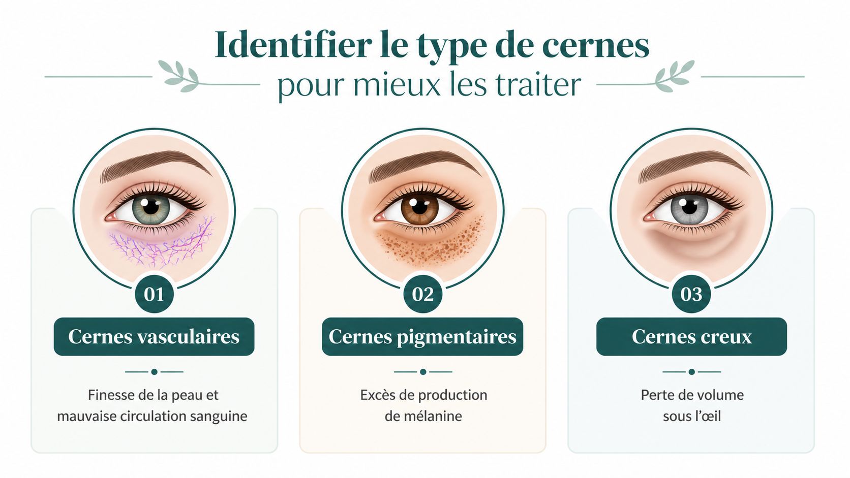 Infographie présentant les trois types principaux de cernes sous les yeux avec leurs causes respectives.