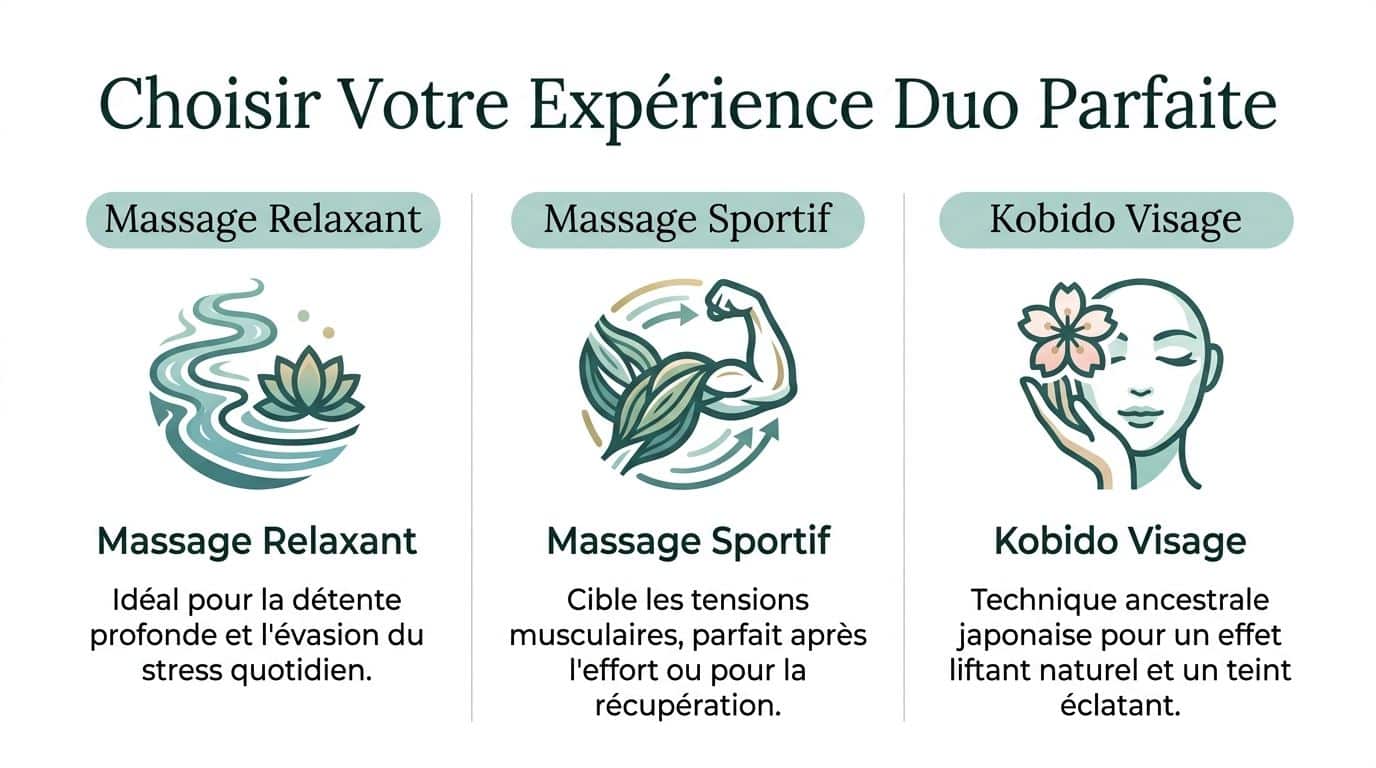 Affiche présentant trois types de massages en duo : relaxant, sportif et soin Kobido du visage.