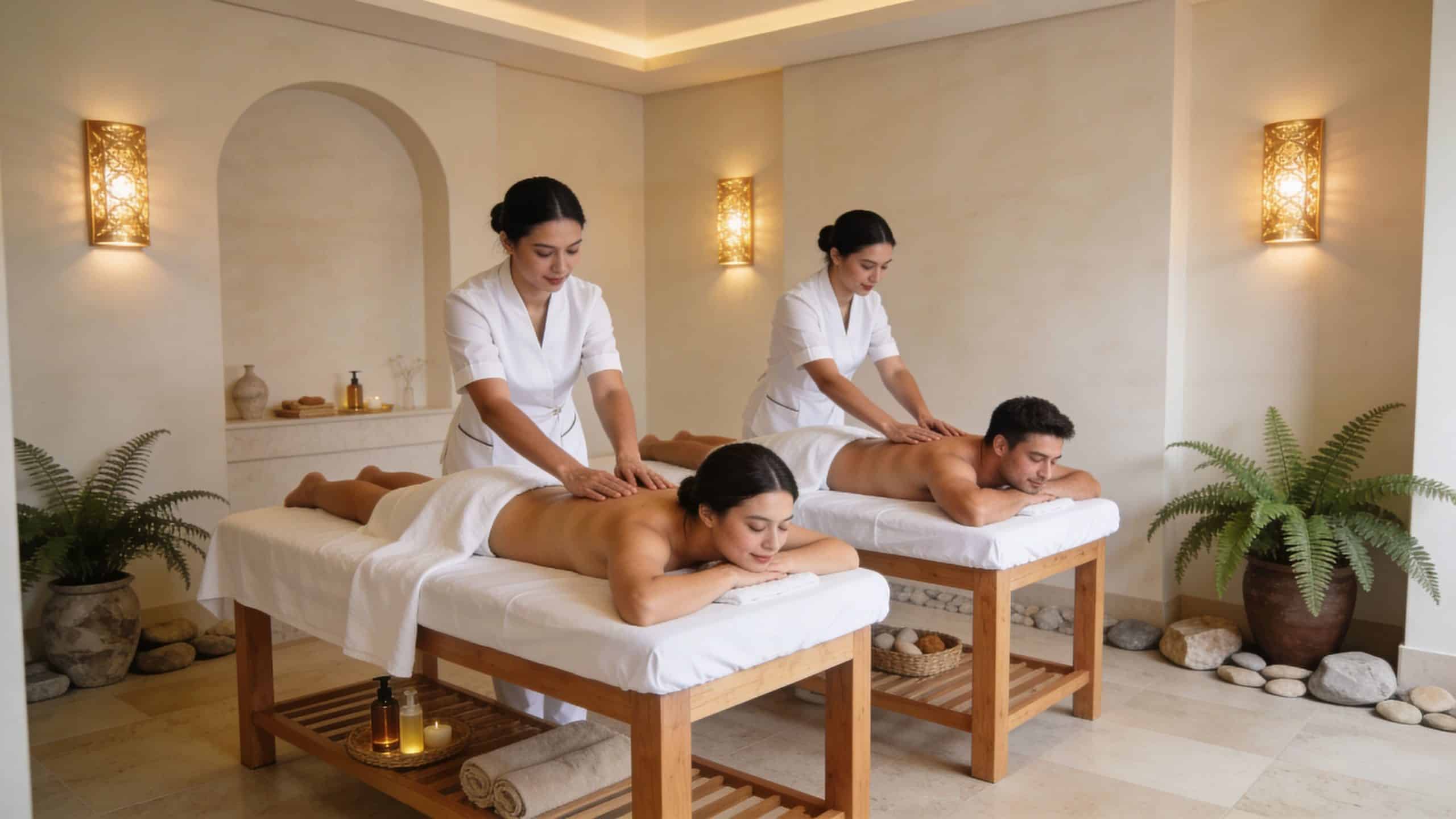 Deux masseuses professionnelles effectuent un massage relaxant sur un couple dans un luxueux spa lumineux et apaisant.