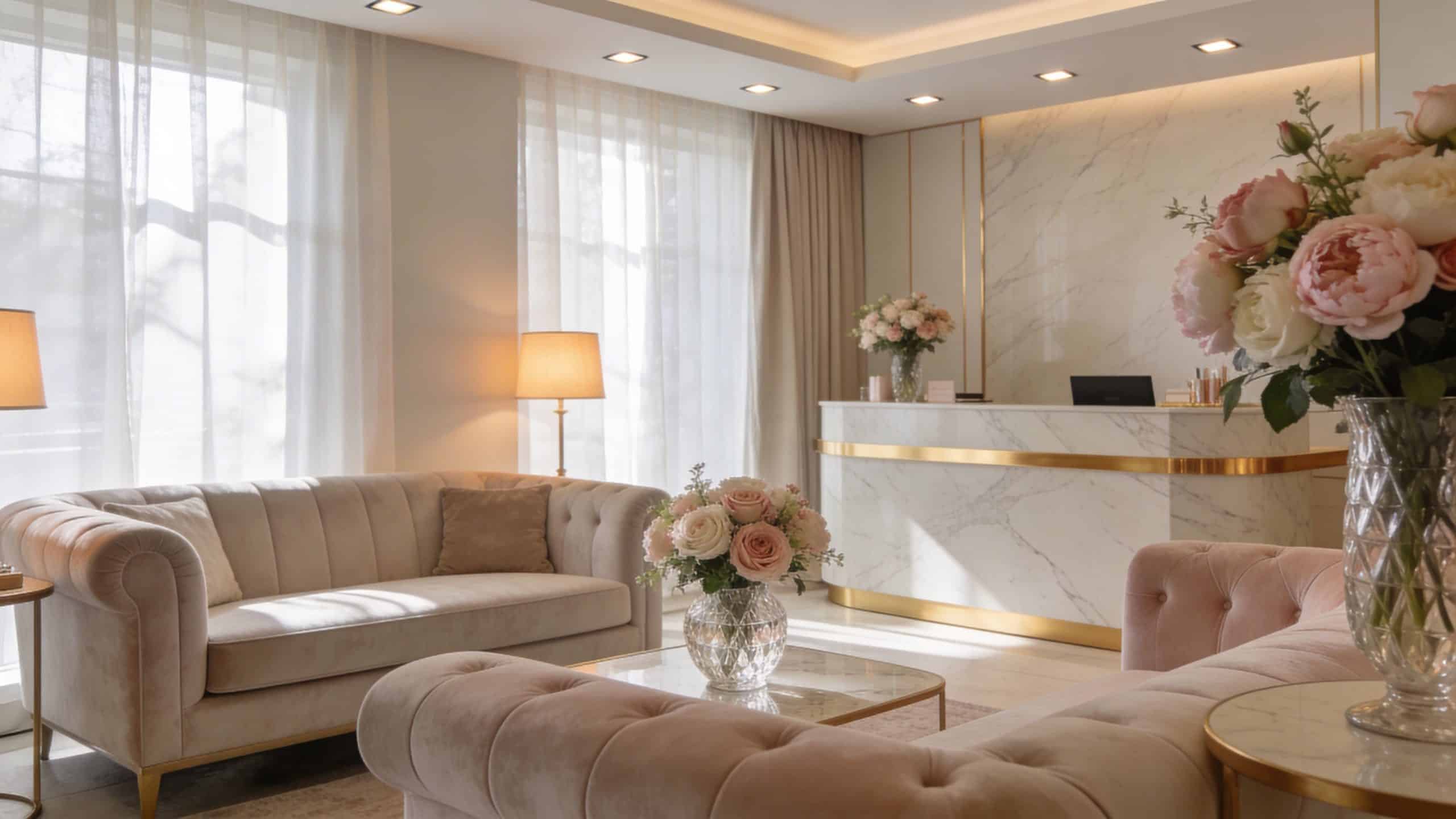 Une élégante salle d'attente lumineuse avec des canapés confortables et un comptoir de réception en marbre luxueux.