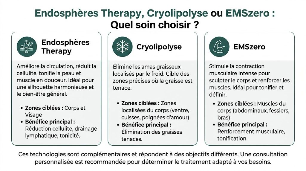 Comparaison entre Endosphères Therapy, Cryolipolyse et EMSzero pour choisir le soin esthétique adapté à vos besoins.