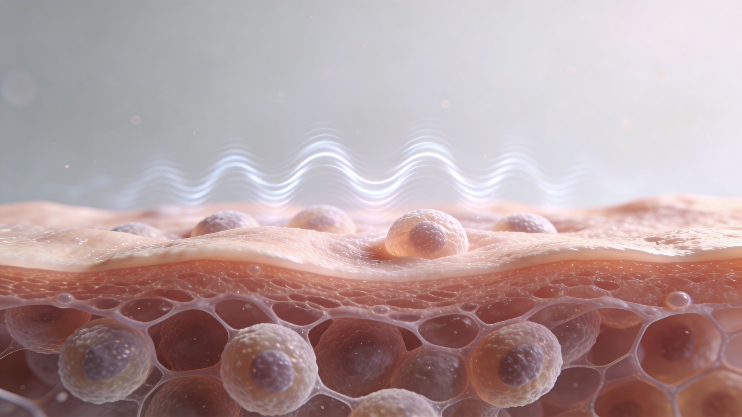 Une représentation microscopique en 3D montrant des cellules cutanées sous l'effet de vibrations mécaniques bénéfiques.
