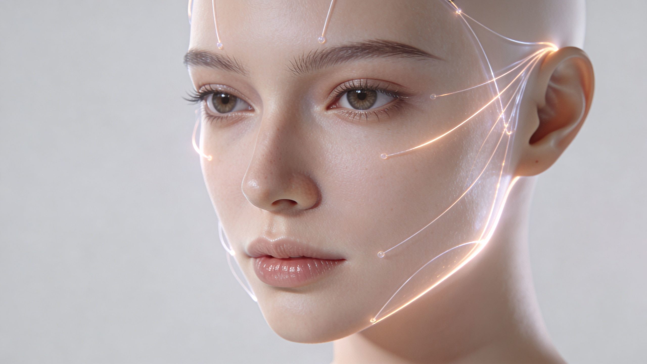 Gros plan sur un visage humain avec des fils tenseurs lumineux incrustés pour un traitement esthétique futuriste.