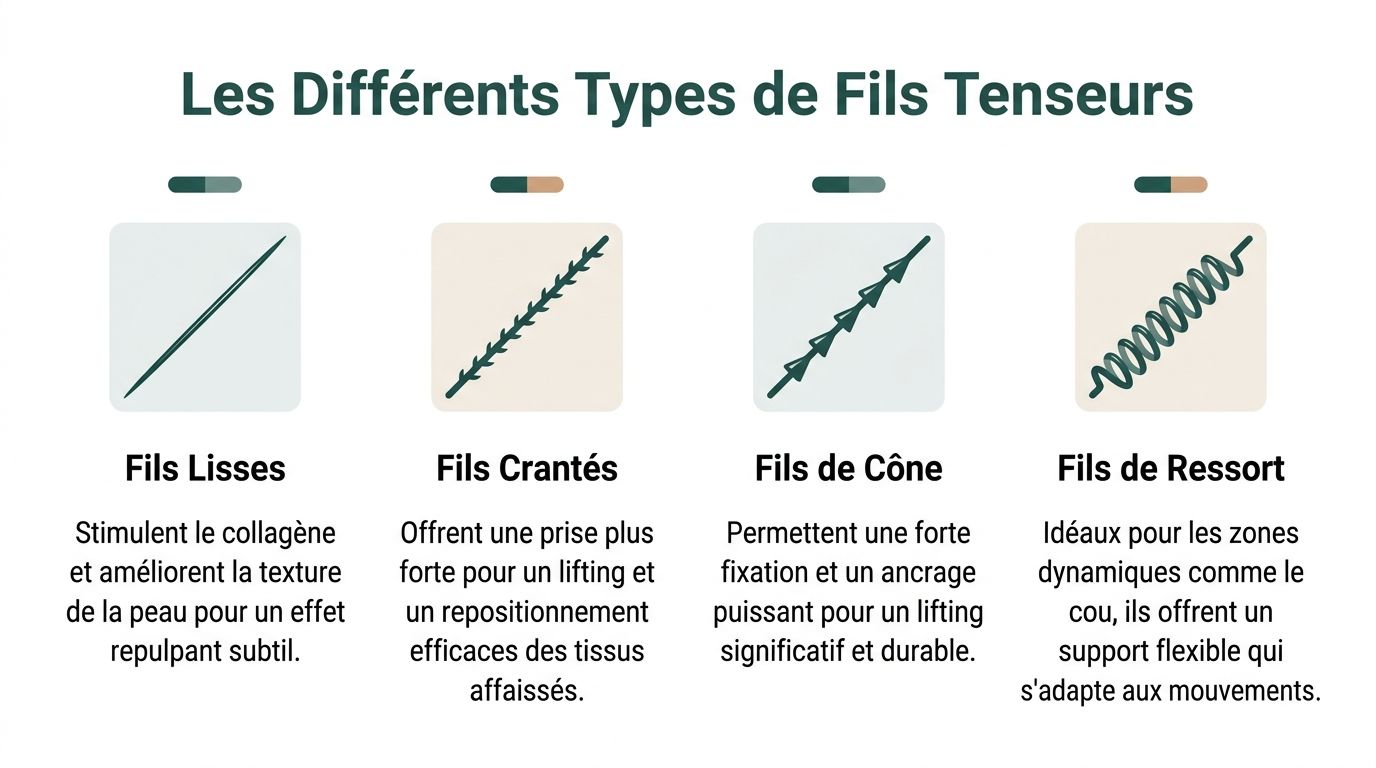 Une infographie montrant les quatre différents types de fils tenseurs utilisés en médecine esthétique pour le visage.