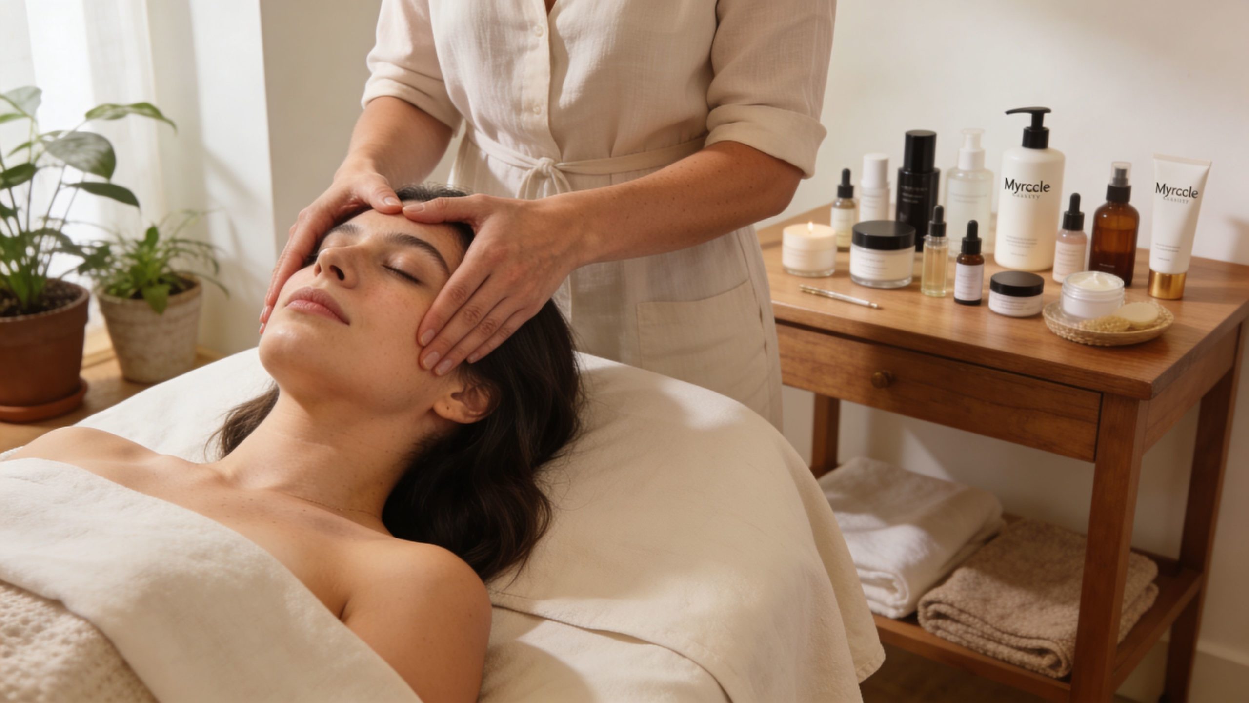 Une praticienne réalise un drainage lymphatique relaxant sur le visage d'une cliente dans un institut de beauté.