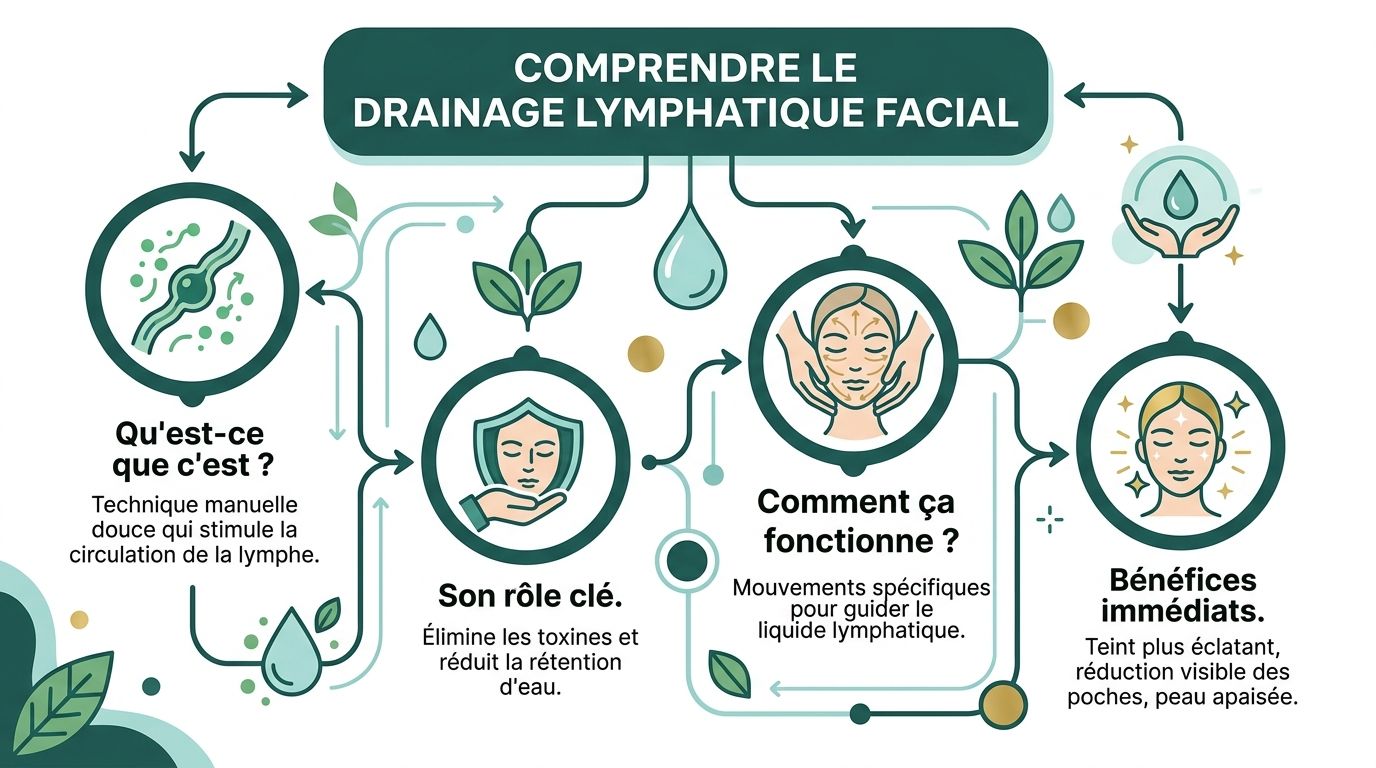Infographie explicative illustrant les principes, le fonctionnement et les bienfaits du drainage lymphatique pour le visage.