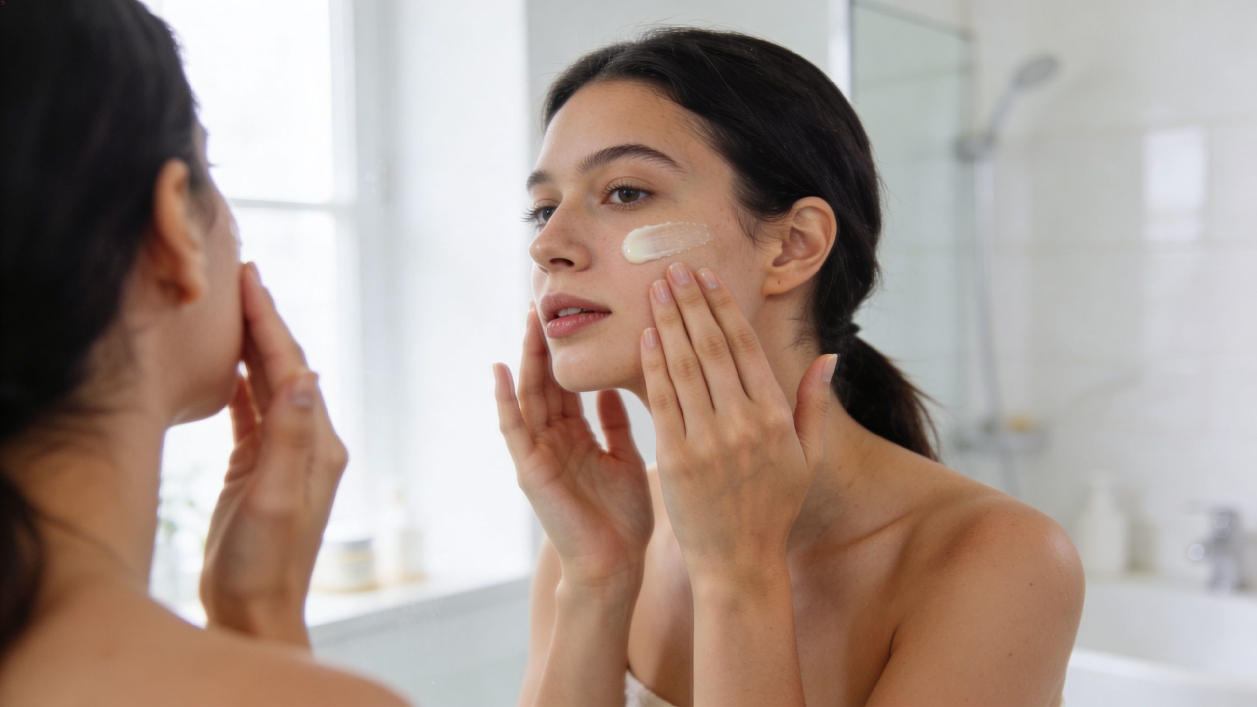 Une jeune femme appliquant une crème hydratante sur son visage en se regardant dans un miroir de salle-de-bain.