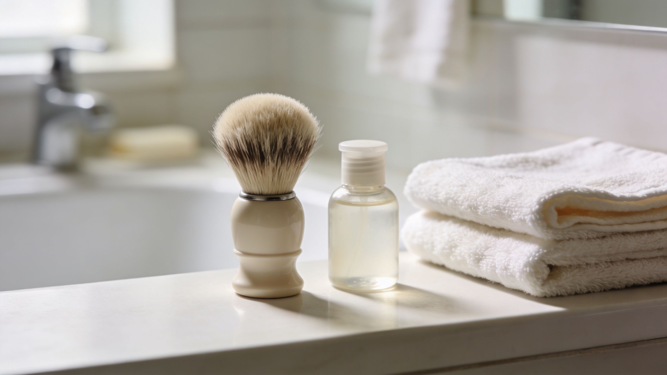 Un blaireau de rasage, une lotion après-rasage et des serviettes pliées sur un comptoir de salle de bain propre.