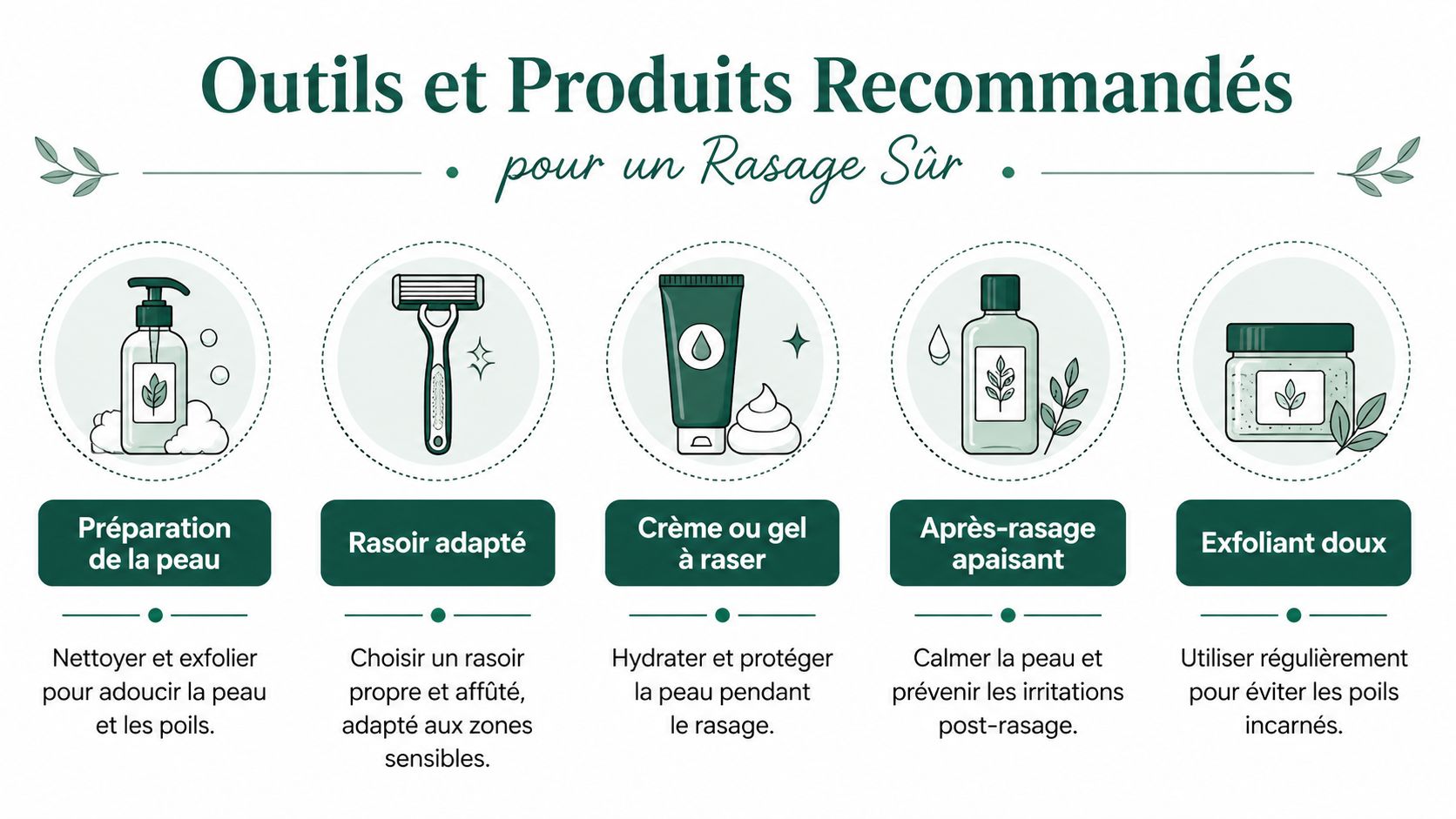 Une infographie montrant les produits essentiels et outils recommandés pour un rasage sûr et apaisant.