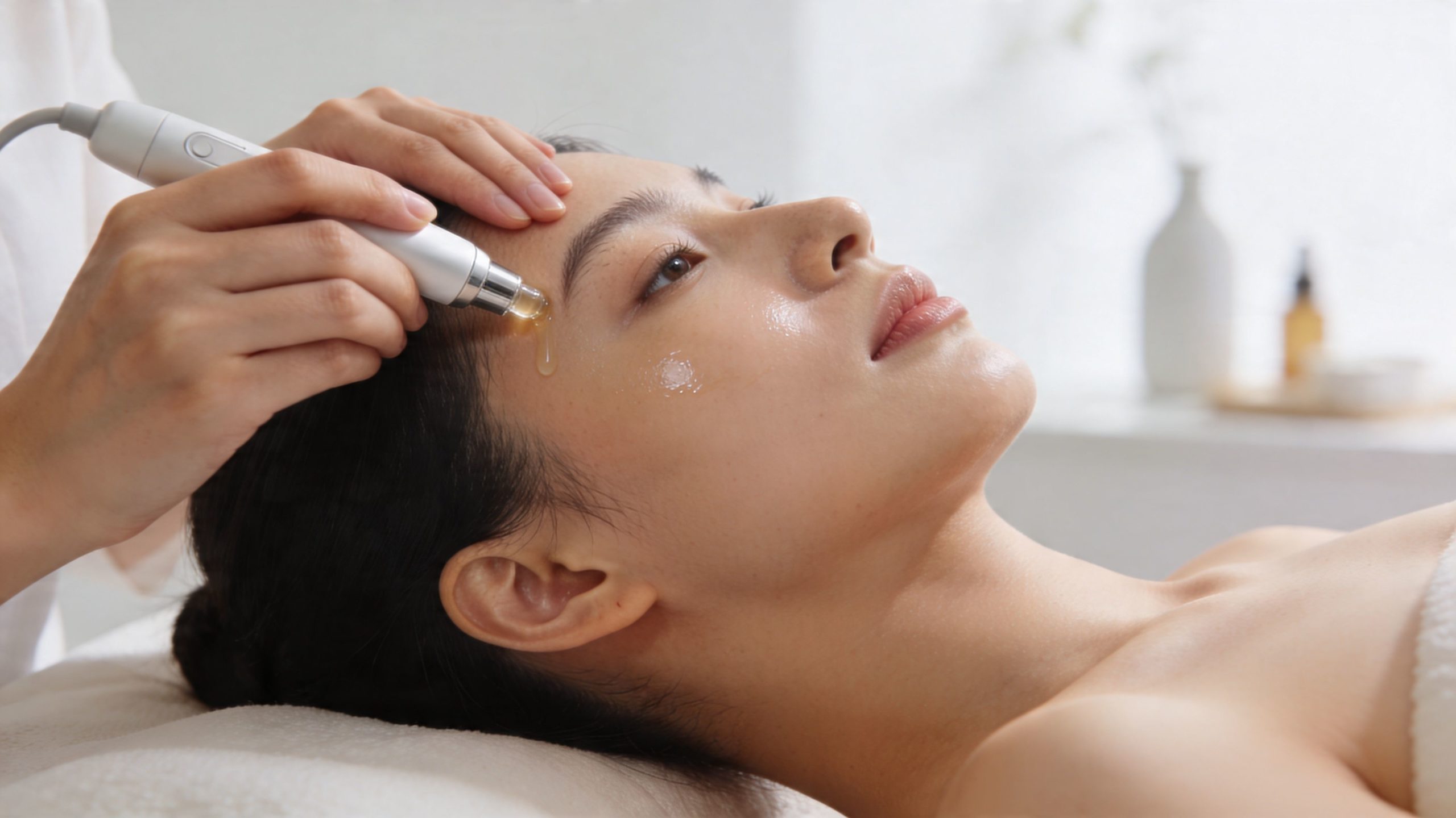 Une esthéticienne effectue un traitement du visage avec un stylo électrique sur une jeune femme relaxée.