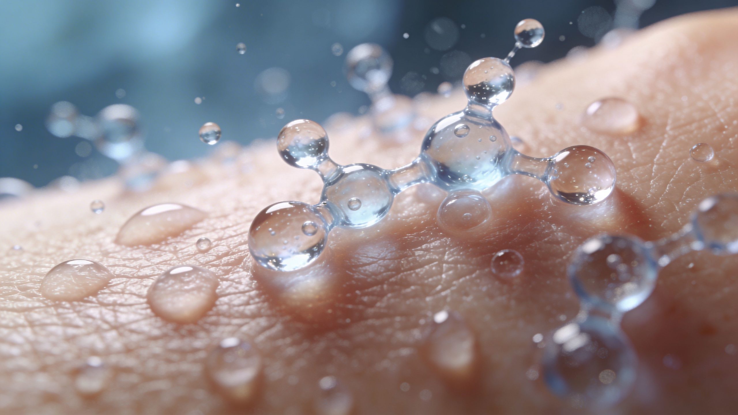 Représentation visuelle microscopique d'une molécule d'acide hyaluronique hydratant et revitalisant la peau du visage.