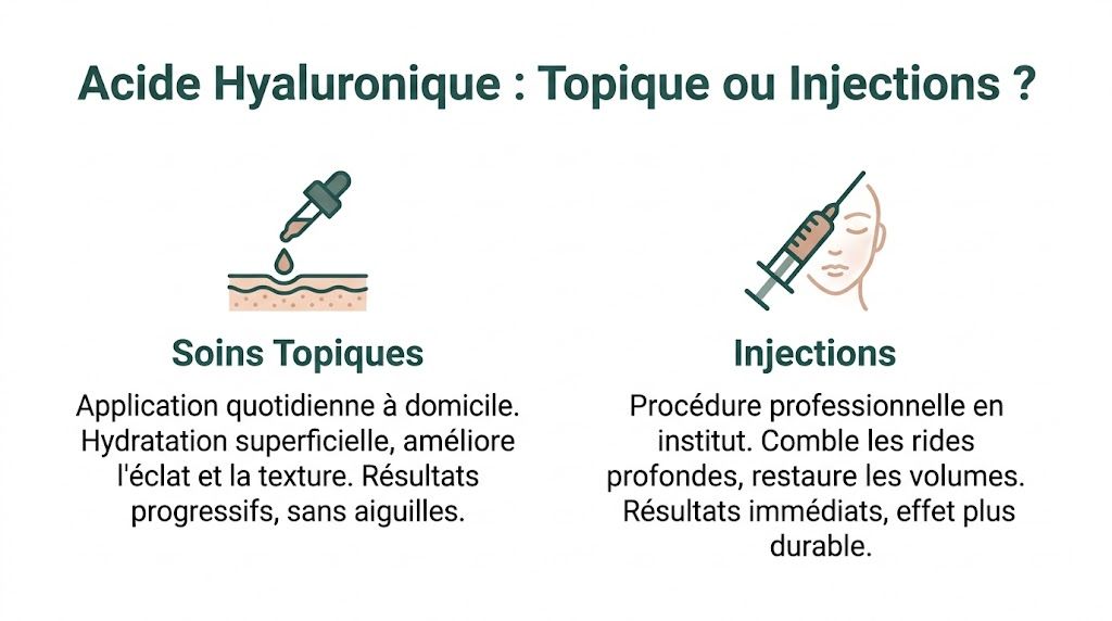 Comparaison entre les soins topiques et les injections d'acide hyaluronique pour le traitement du visage.