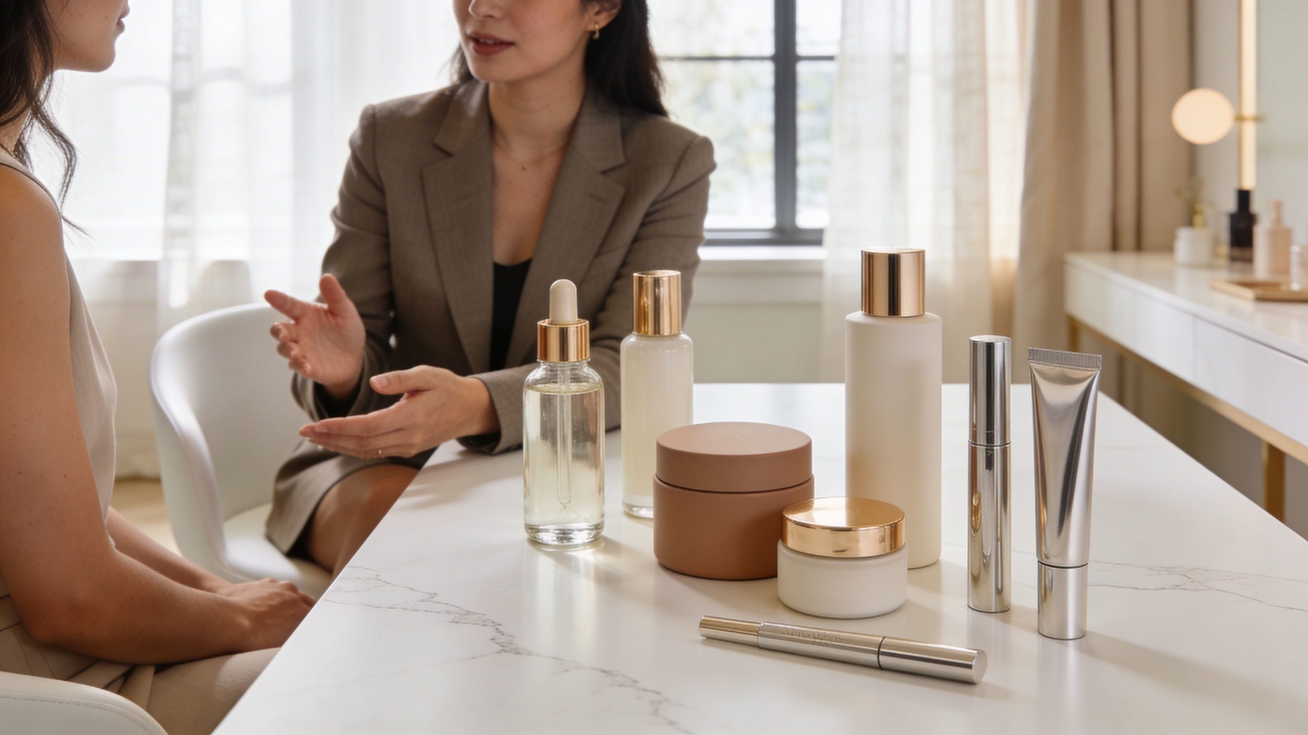 Une consultation esthétique avec divers produits de soin pour le visage disposés sur une table blanche lumineuse.