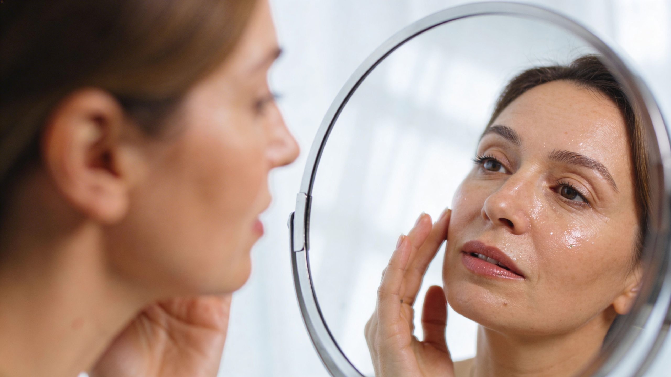 Une femme mature examine son visage brillant après l'application de soin à l'acide hyaluronique dans le miroir.