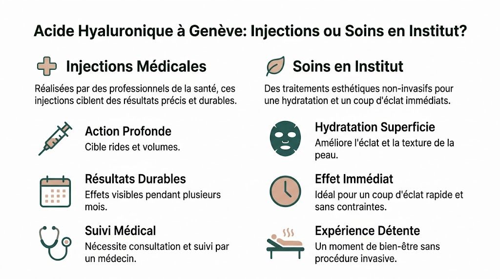 Comparaison entre injections médicales d'acide hyaluronique et soins esthétiques en institut à Genève sur fond blanc.