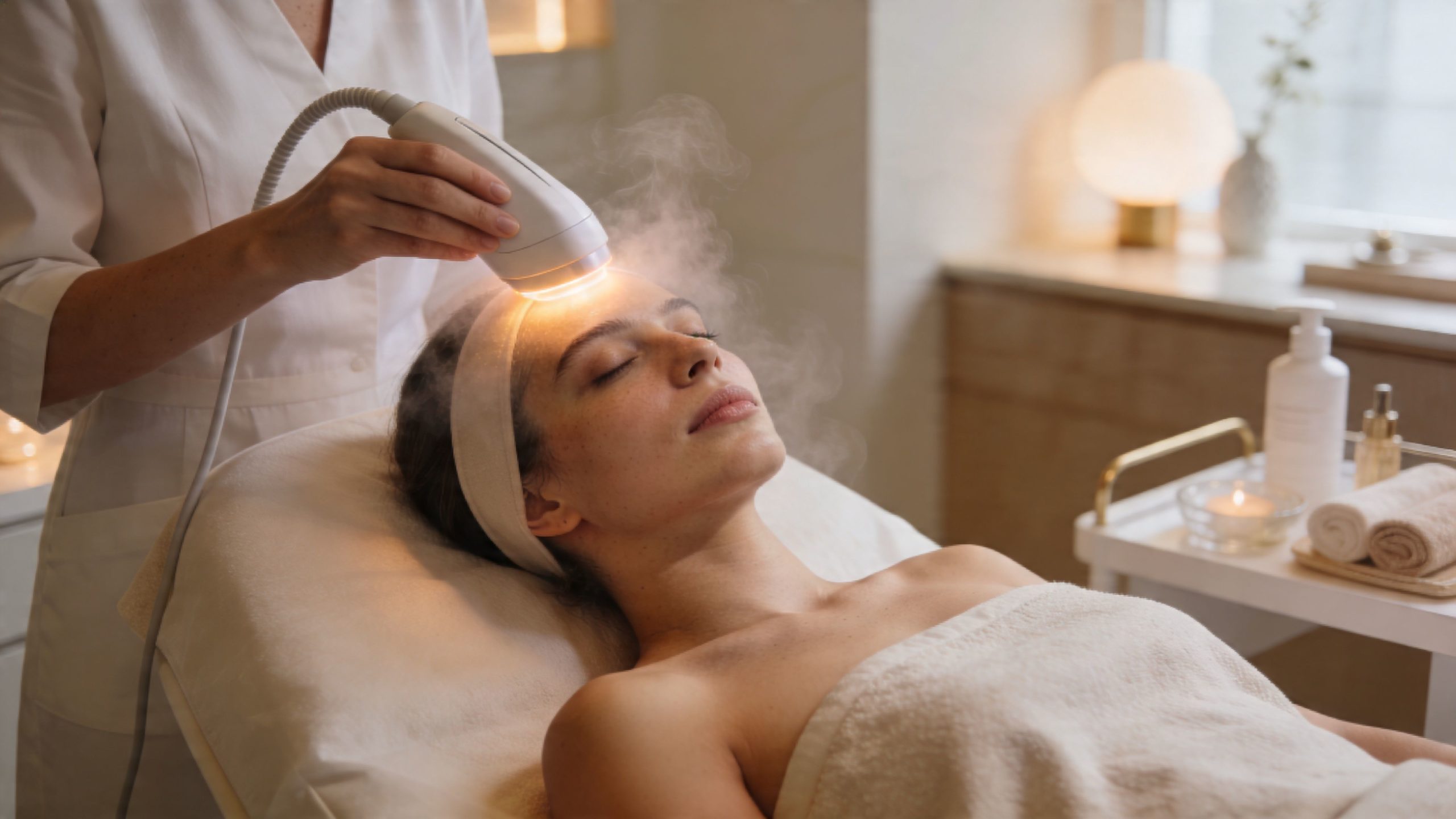 Une esthéticienne effectue un soin du visage hydratant avec un appareil à vapeur sur une jeune femme.