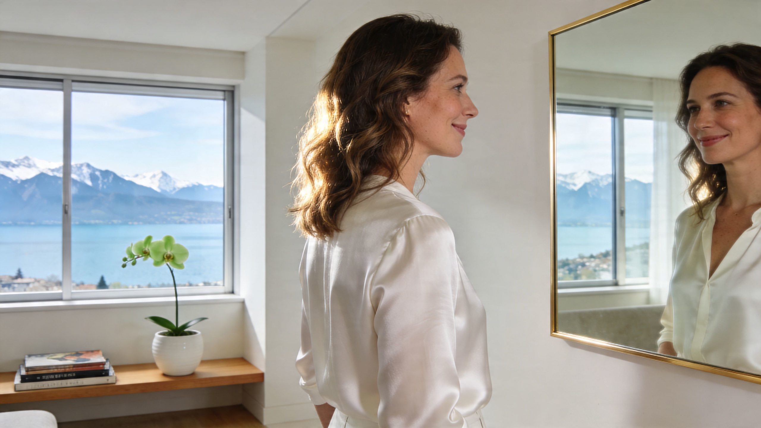 Une femme élégante souriant devant un miroir avec une vue panoramique sur le lac Léman à Genève.