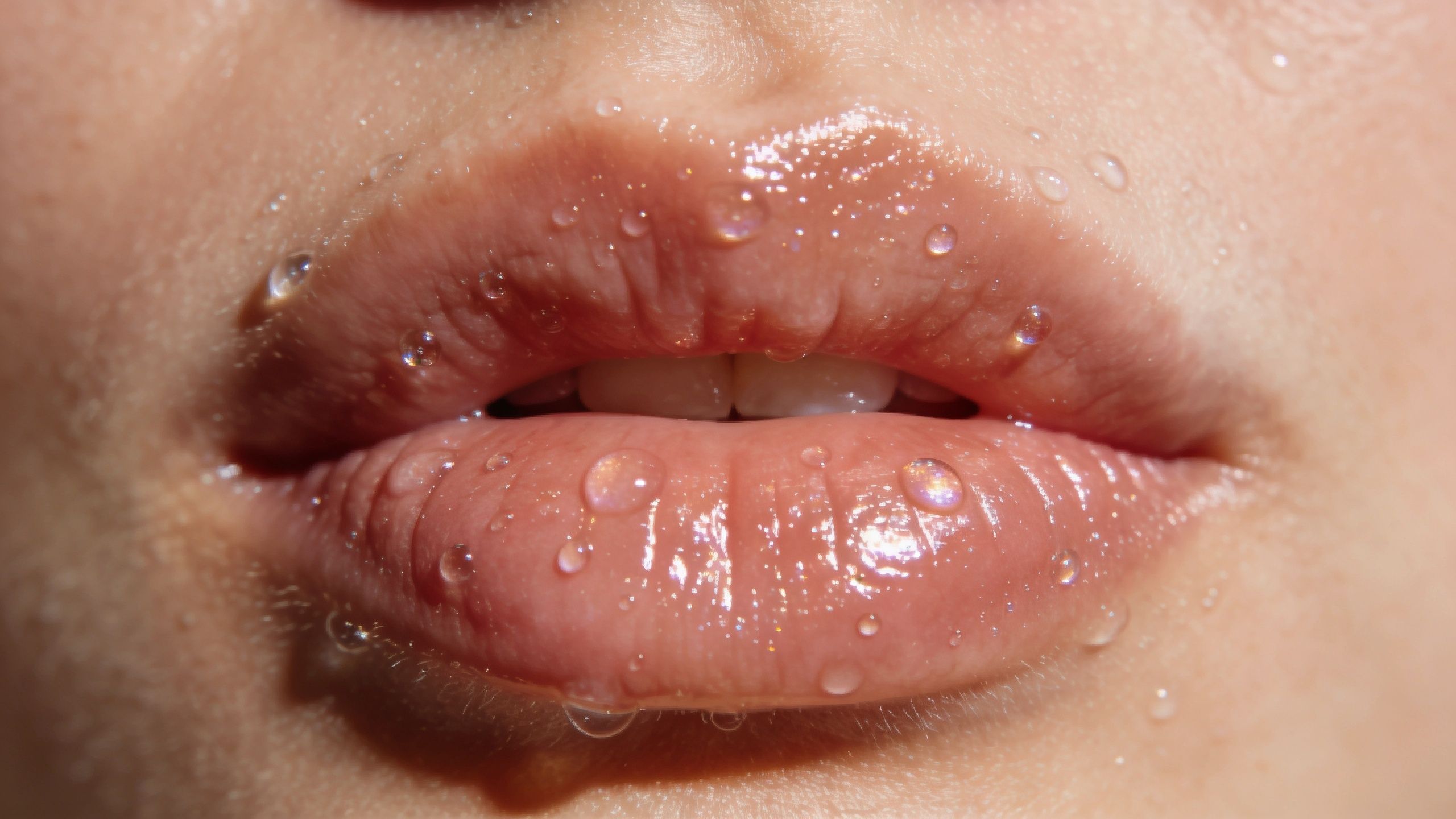 Gros plan sur des lèvres hydratées avec des gouttelettes d'eau, mettant en valeur une texture pulpeuse et brillante.