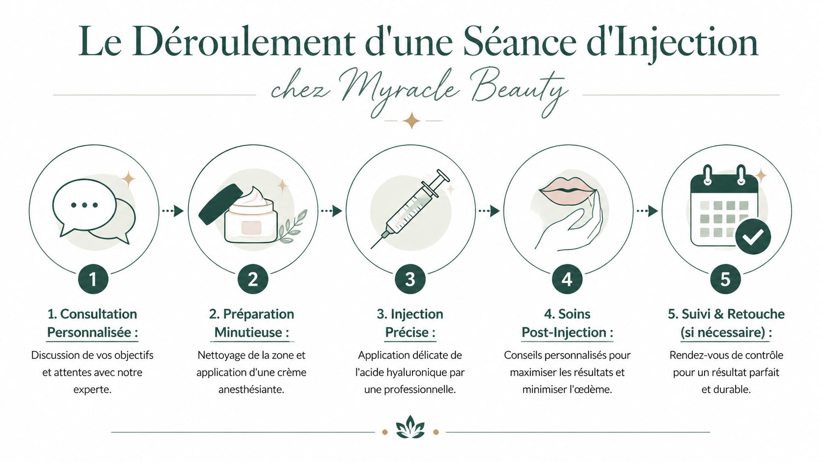 Infographie illustrant les cinq étapes du déroulement d'une séance d'injection d'acide hyaluronique chez Myracle Beauty.