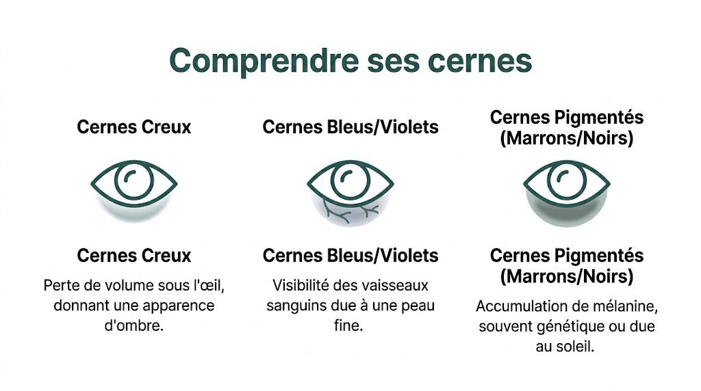Infographie explicative sur les différents types de cernes : creux, bleus, violets, marrons ou noirs.