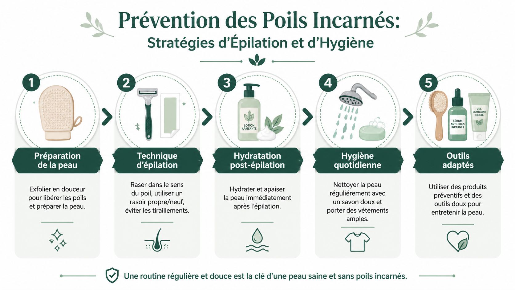 Infographie illustrant cinq étapes clés pour prévenir les poils incarnés grâce à une bonne routine d'épilation.