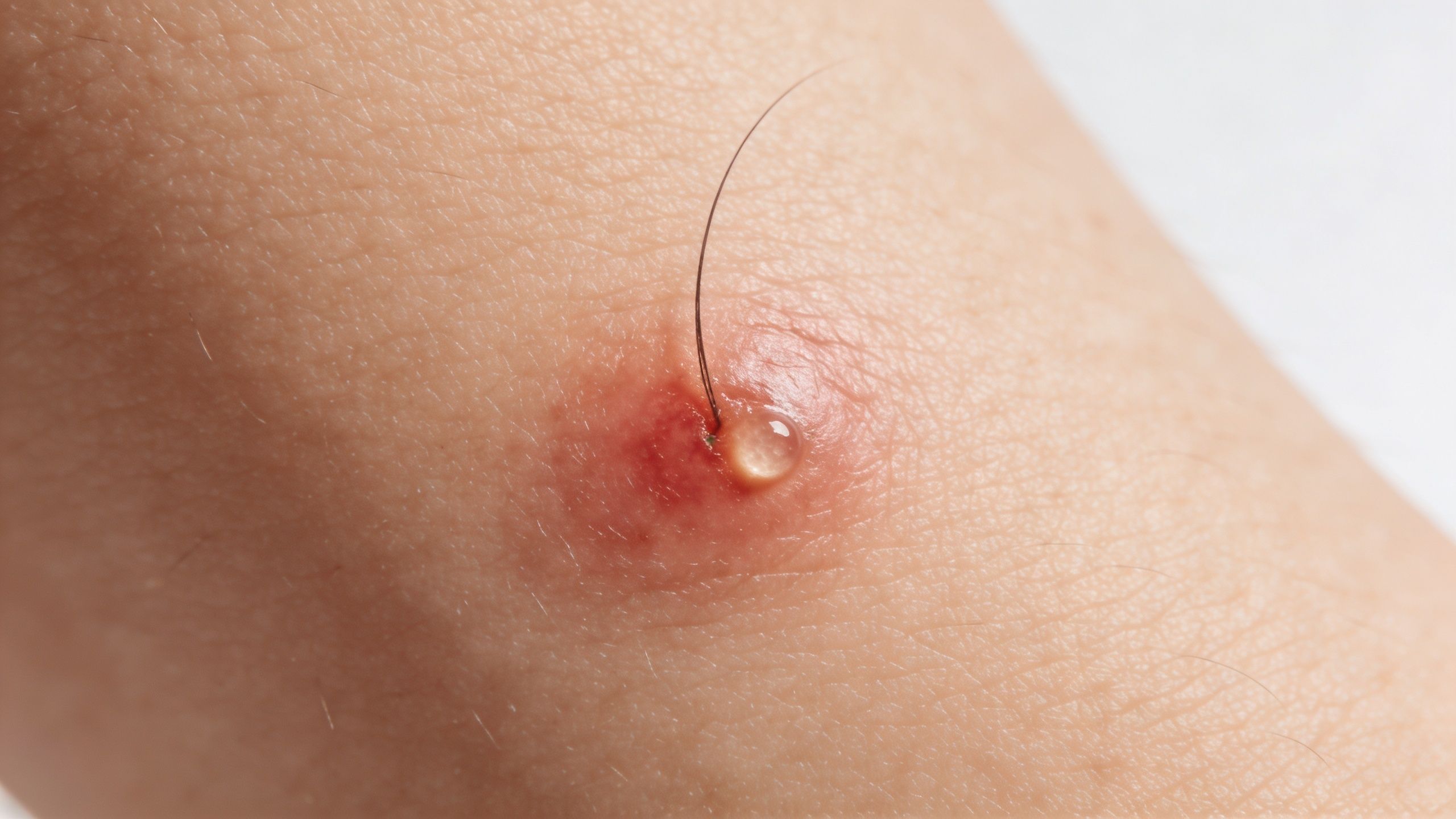 Gros plan sur un poil incarné infecté avec une petite pustule rouge et une bulle de liquide.