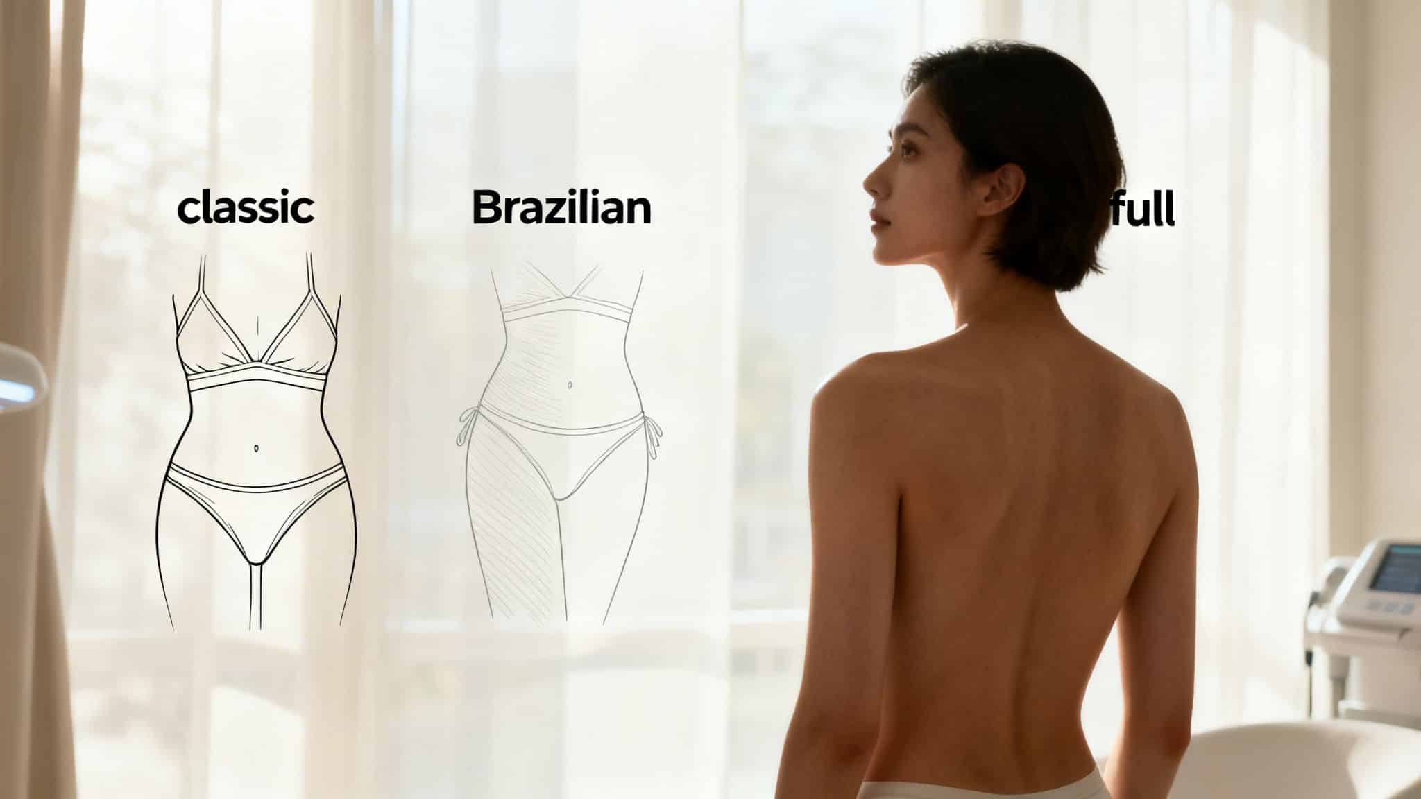 Une femme de dos devant une illustration montrant les trois types d'épilation laser du maillot.