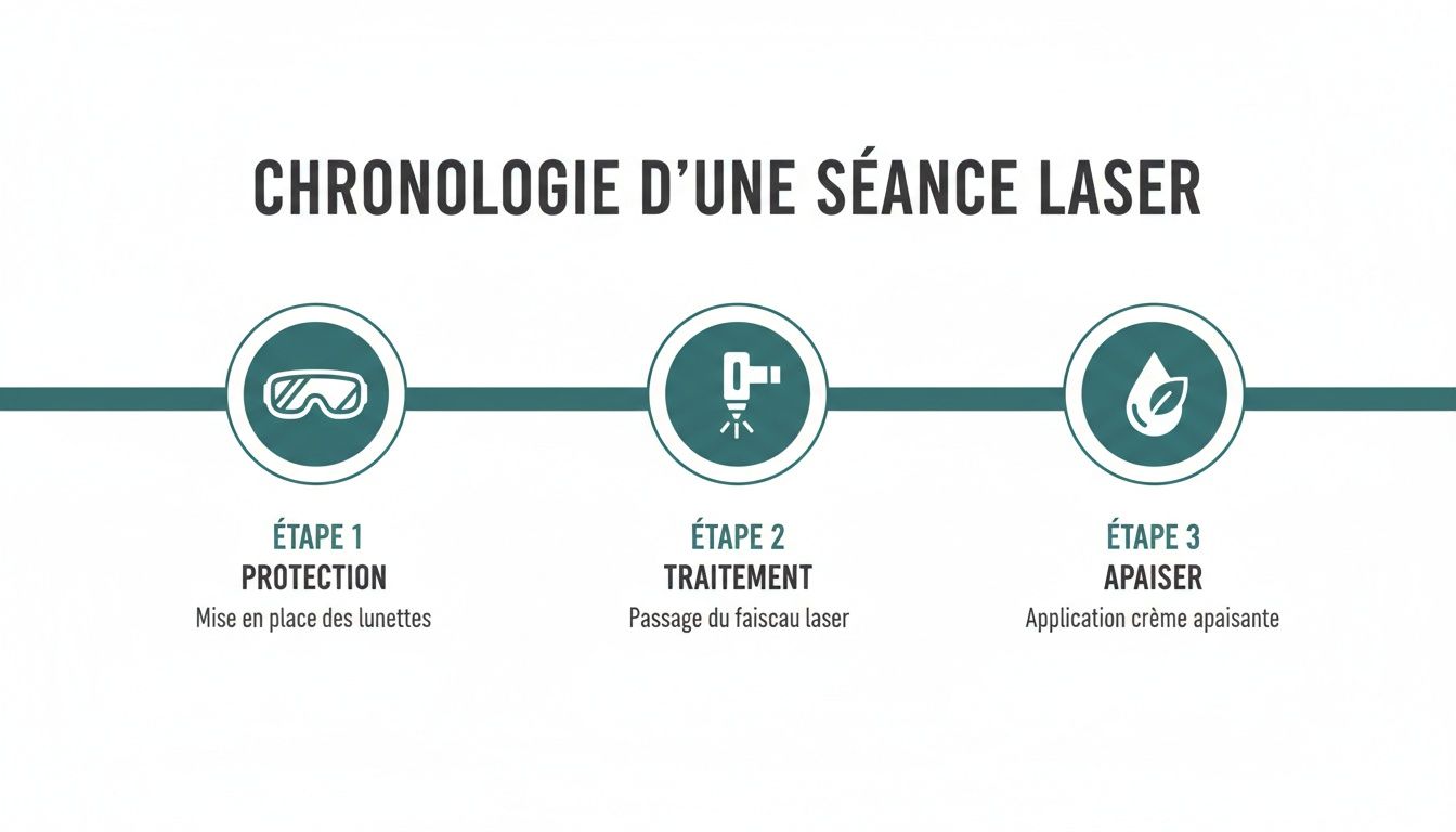 Infographie chronologique des trois étapes d'une séance laser : protection, traitement et apaisement.