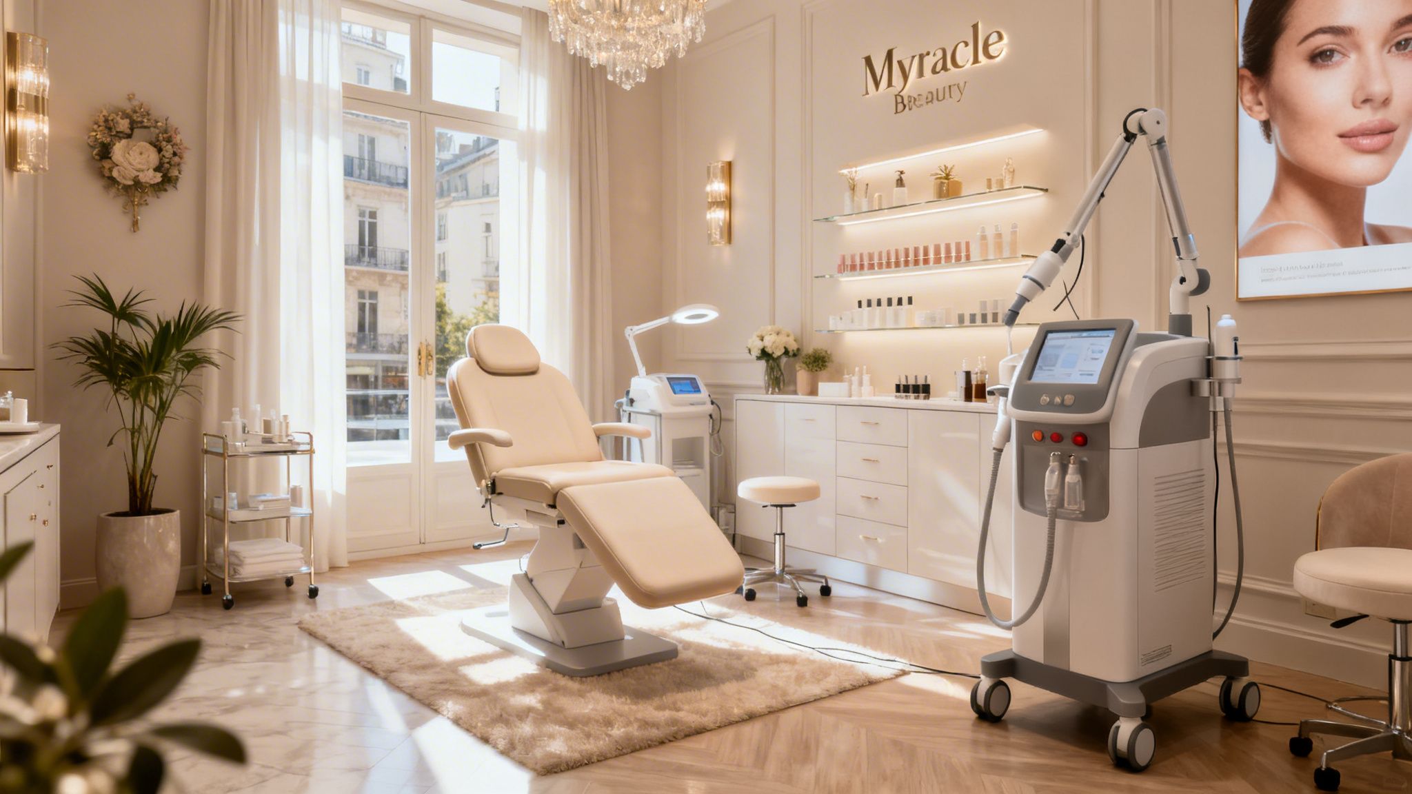 Une salle esthétique moderne et lumineuse avec un fauteuil de soins professionnel et une machine laser spécialisée.