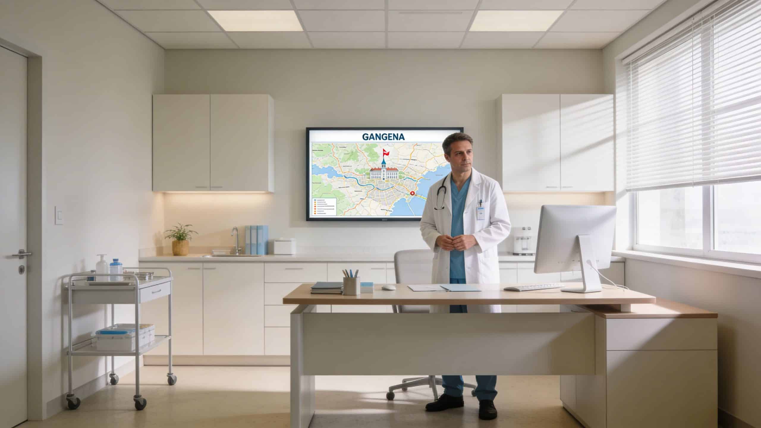 Un médecin en blouse blanche se tient debout dans son bureau moderne devant une carte de Gangena.