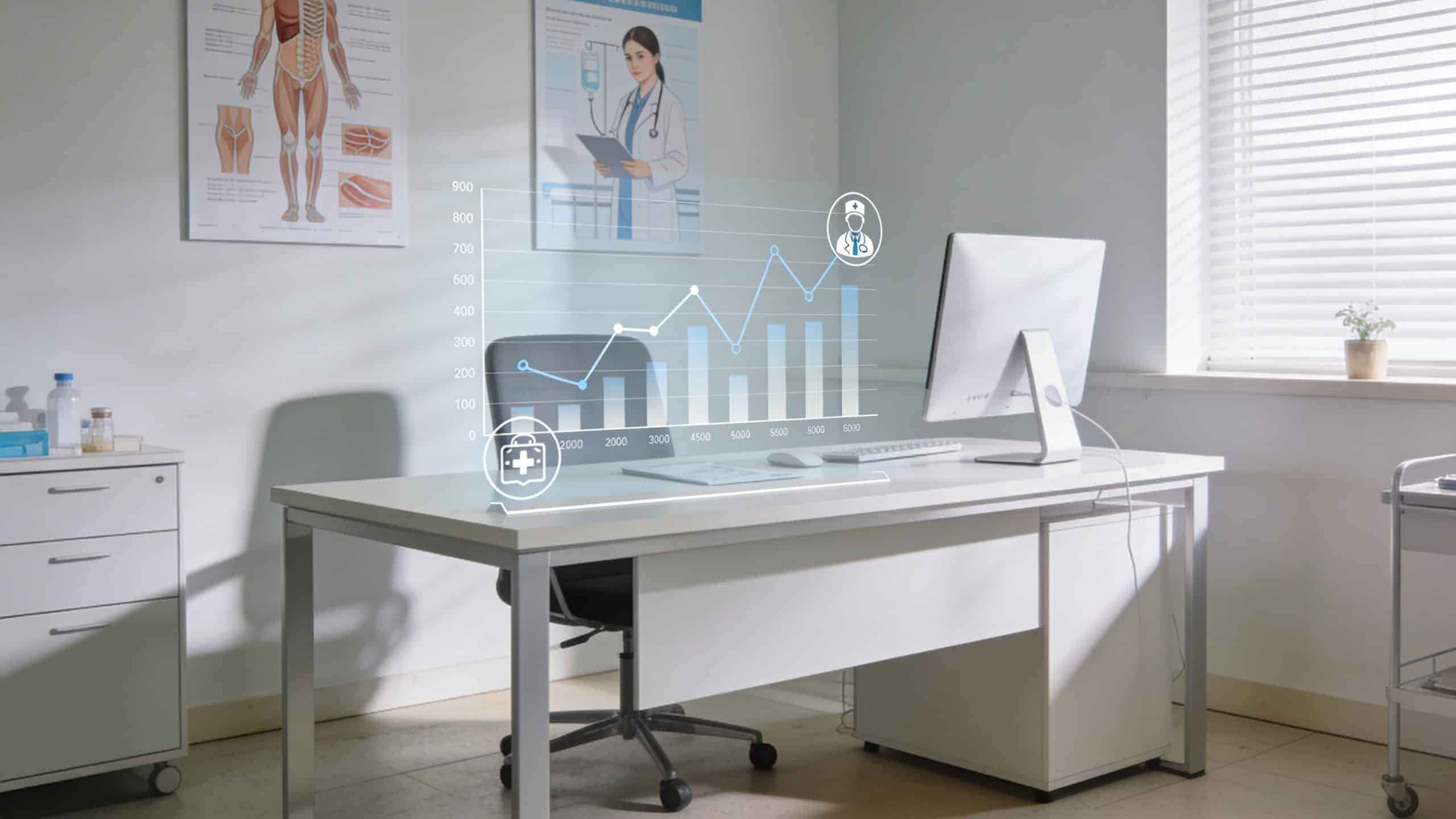 Un bureau médical moderne avec une interface numérique affichant un graphique de données de santé en 3D.