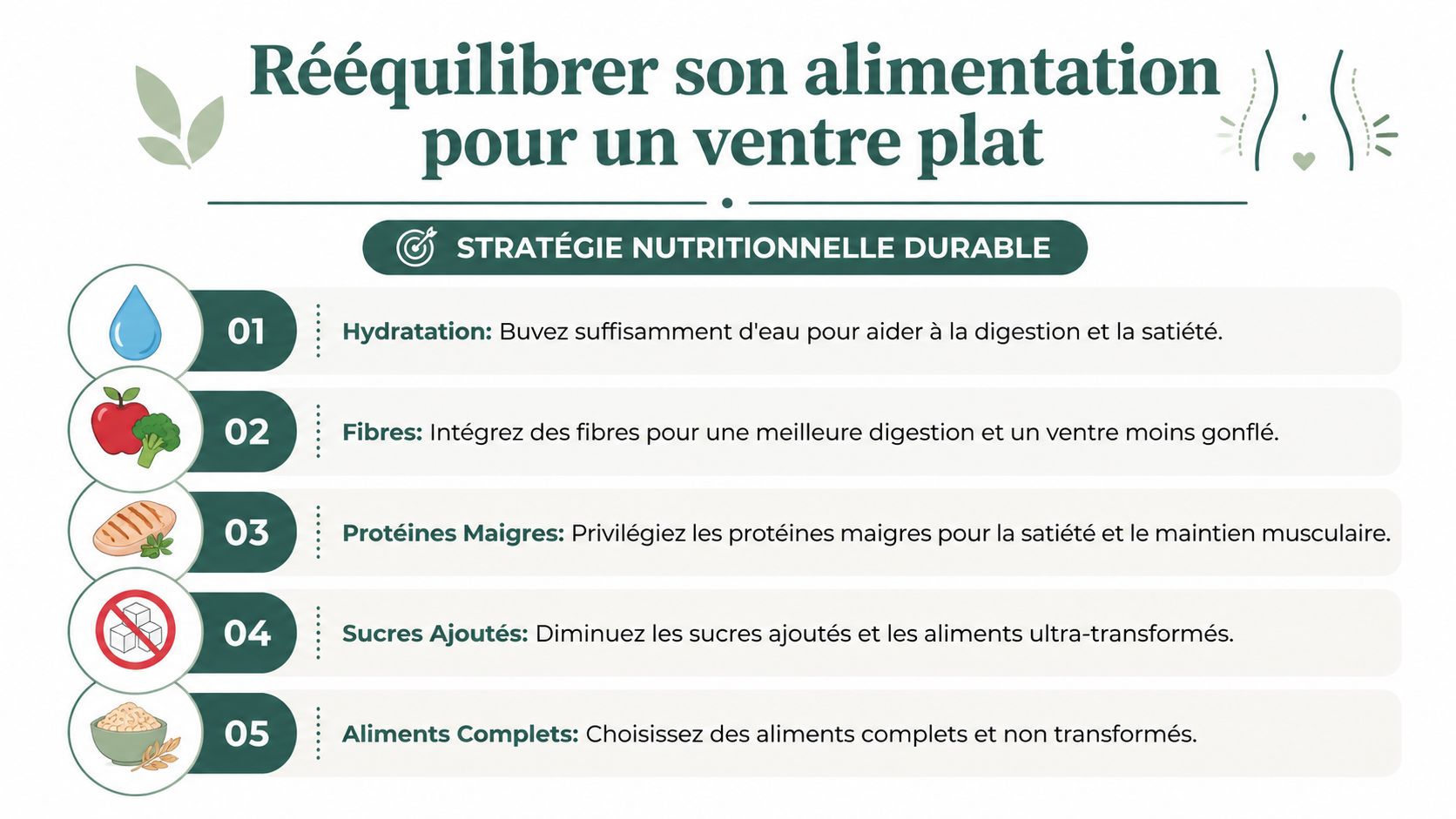 Une infographie montrant cinq conseils nutritionnels essentiels pour rééquilibrer son alimentation et favoriser un ventre plat.