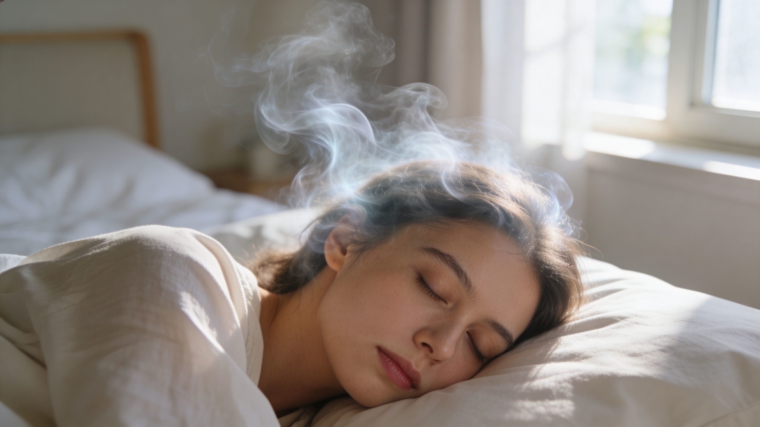Une jeune femme dort paisiblement dans un lit avec une fumée mystérieuse s'élevant au-dessus de sa tête.