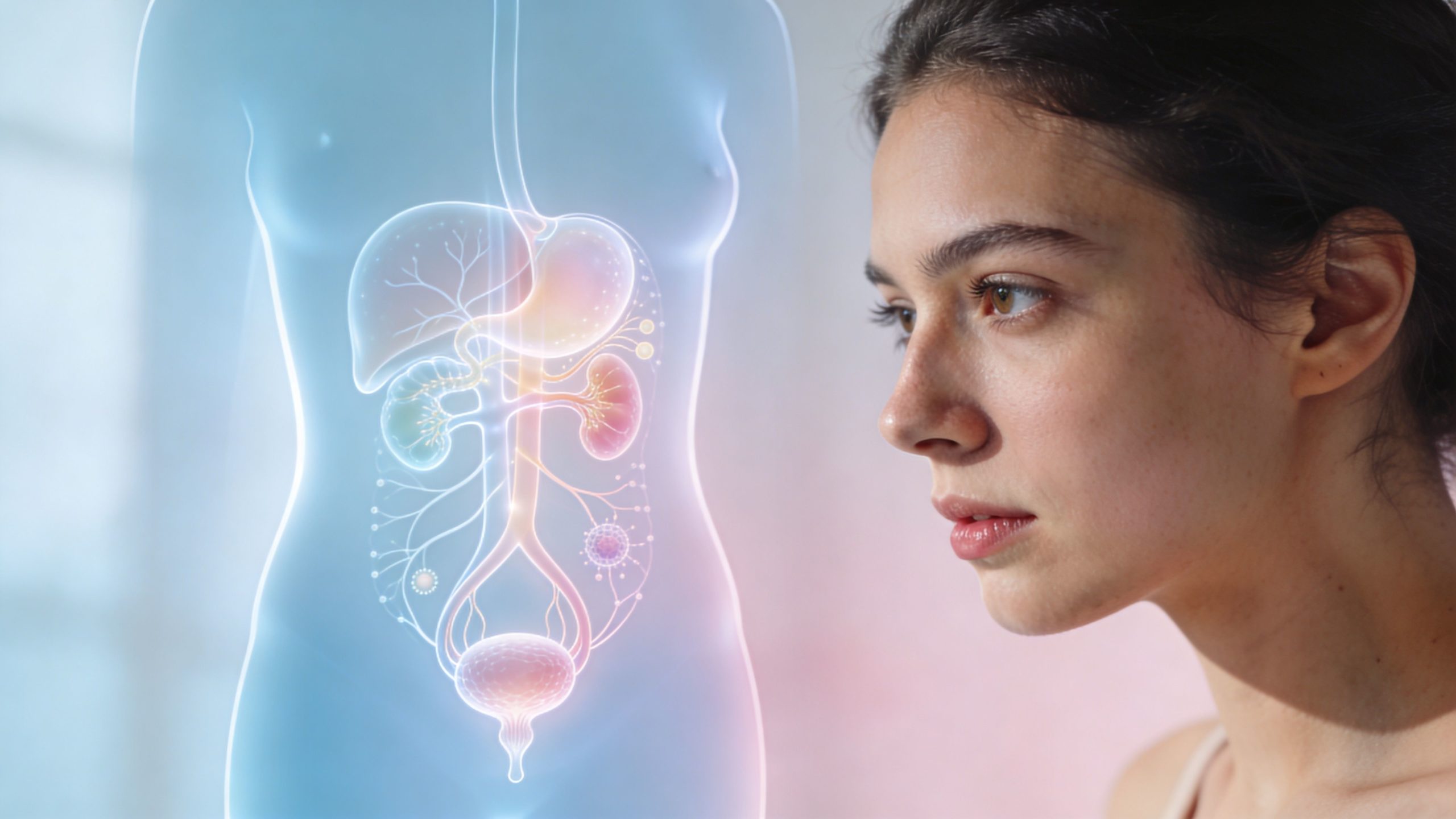 Une jeune femme regarde une illustration holographique montrant le système urinaire et les organes abdominaux internes.