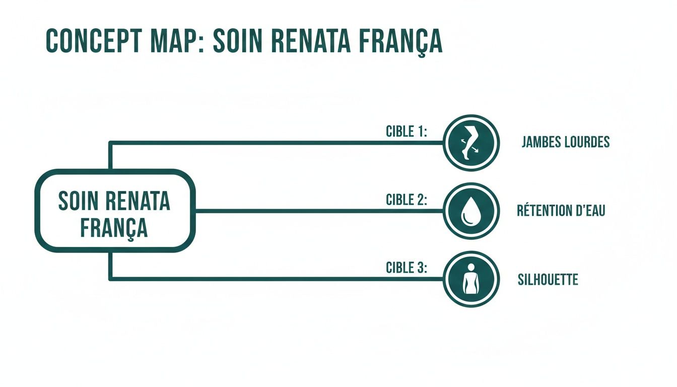Diagramme de concept détaillant le Soin Renata França et ses trois objectifs clés : soulager les jambes lourdes, réduire la rétention d'eau et améliorer la silhouette.