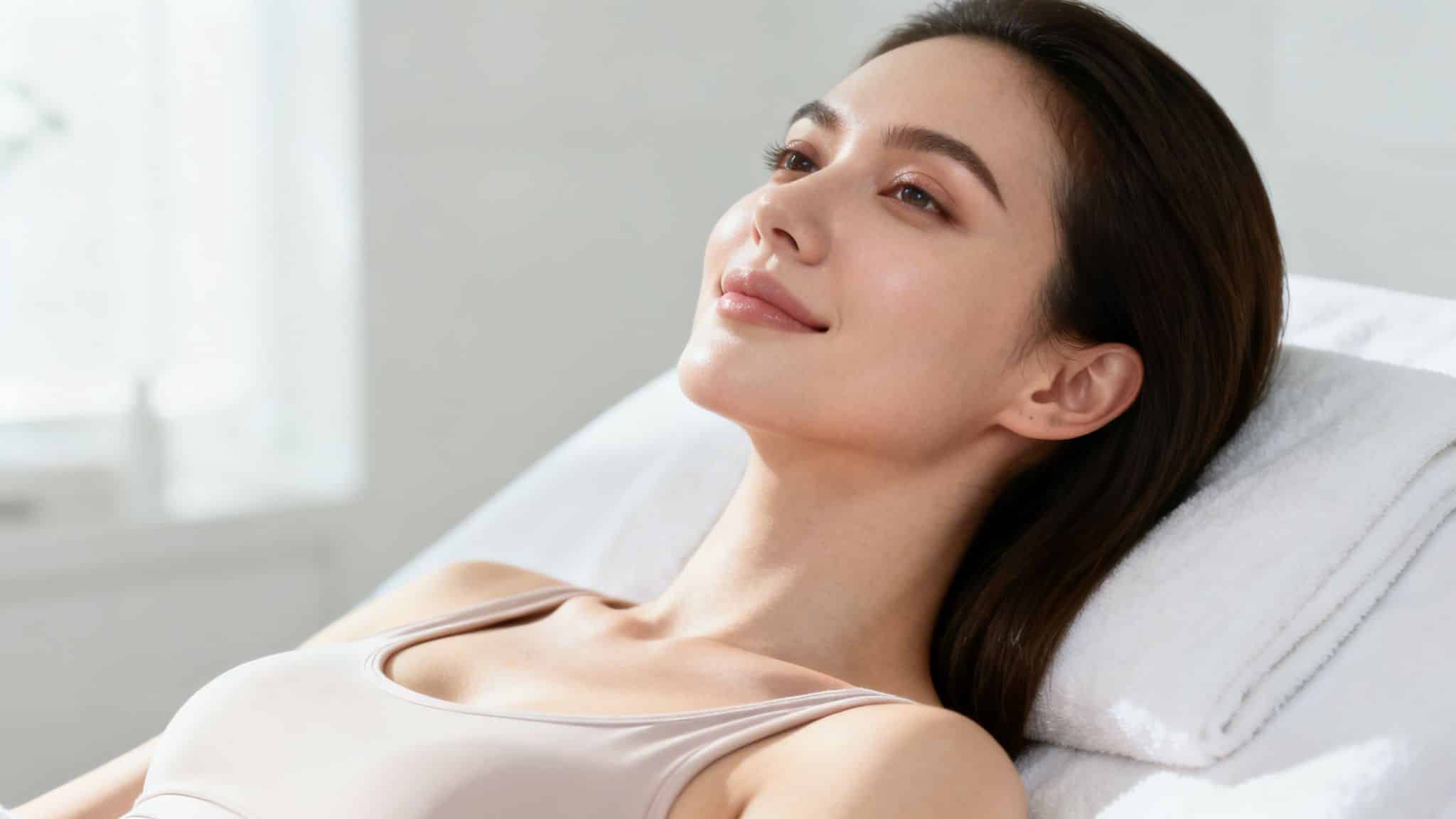 Une femme sereine aux longs cheveux bruns, se reposant sur une surface blanche, le visage éclairé par une lumière douce.