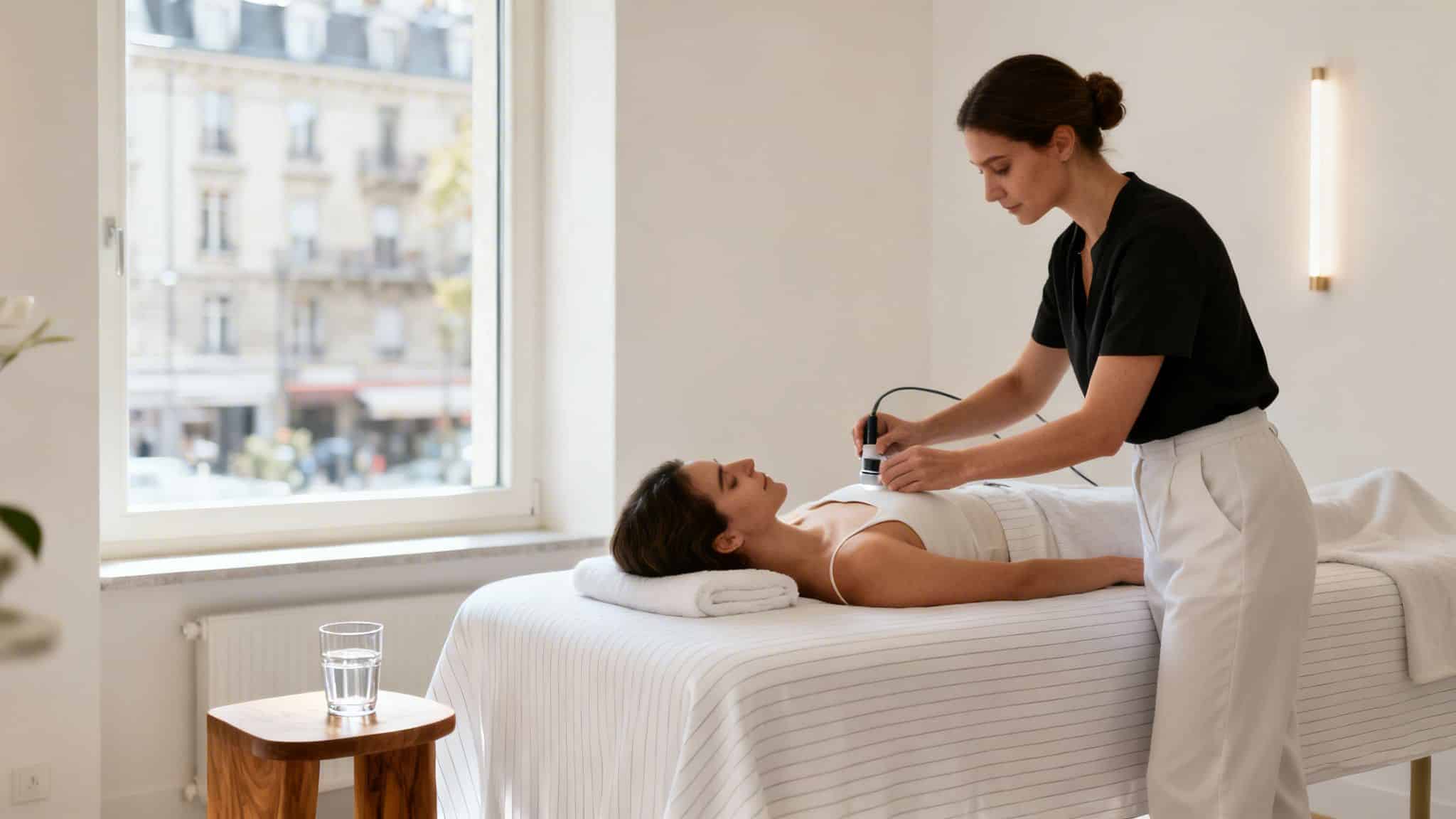 Une thérapeute réalise un drainage lymphatique Renata França sur une cliente allongée dans une clinique moderne.