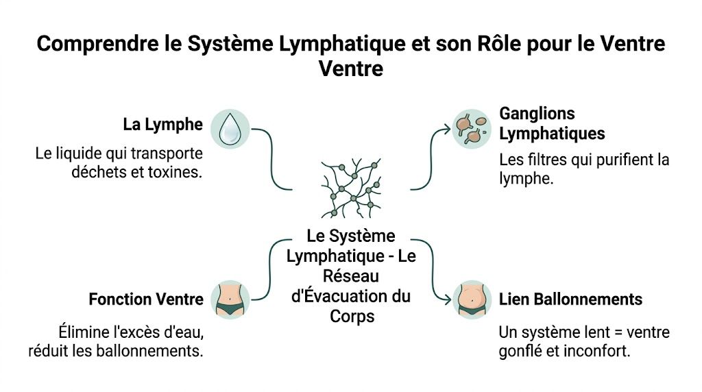 Schéma explicatif montrant le rôle du système lymphatique dans l'élimination des toxines et la réduction des ballonnements.