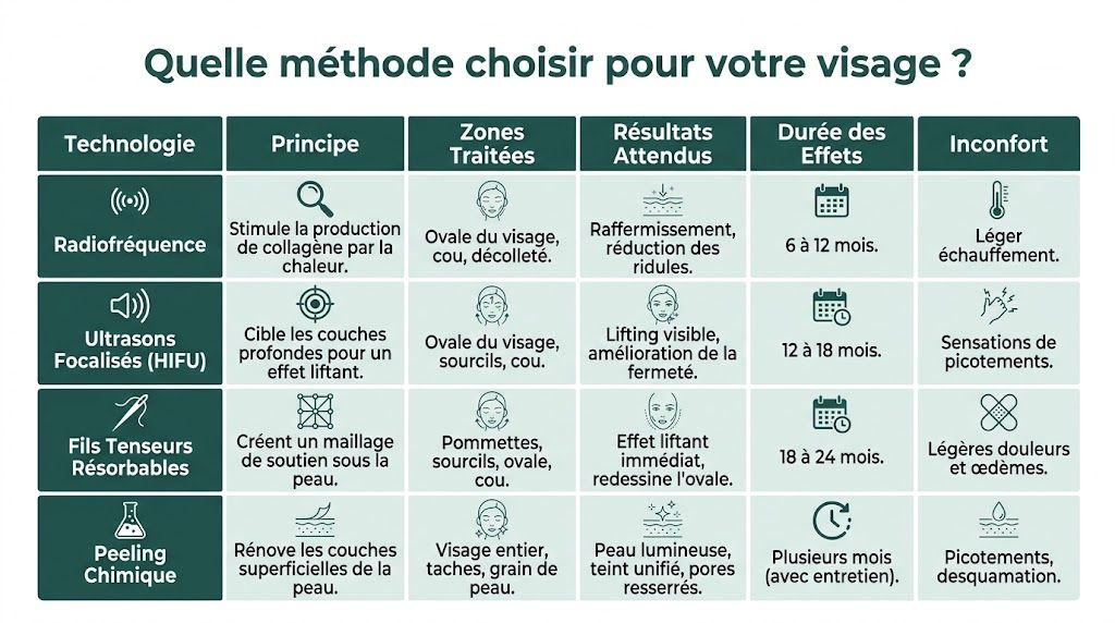 Tableau comparatif des différentes méthodes de médecine esthétique pour le lifting du visage sans chirurgie.